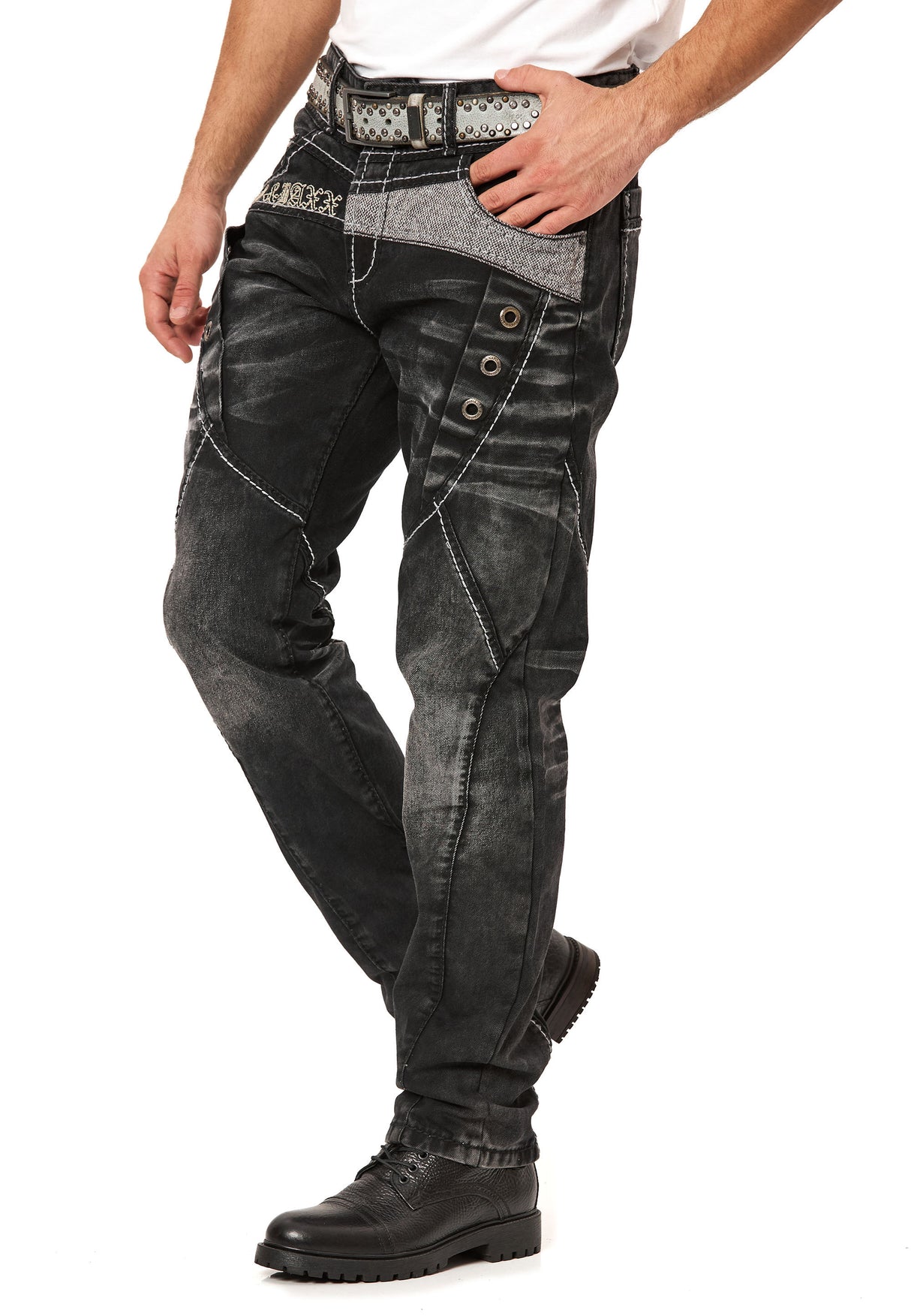 CD917 Men’s Jeans – Regular Fit – Black Denim with Contrast Stitching & Metal Eyelets