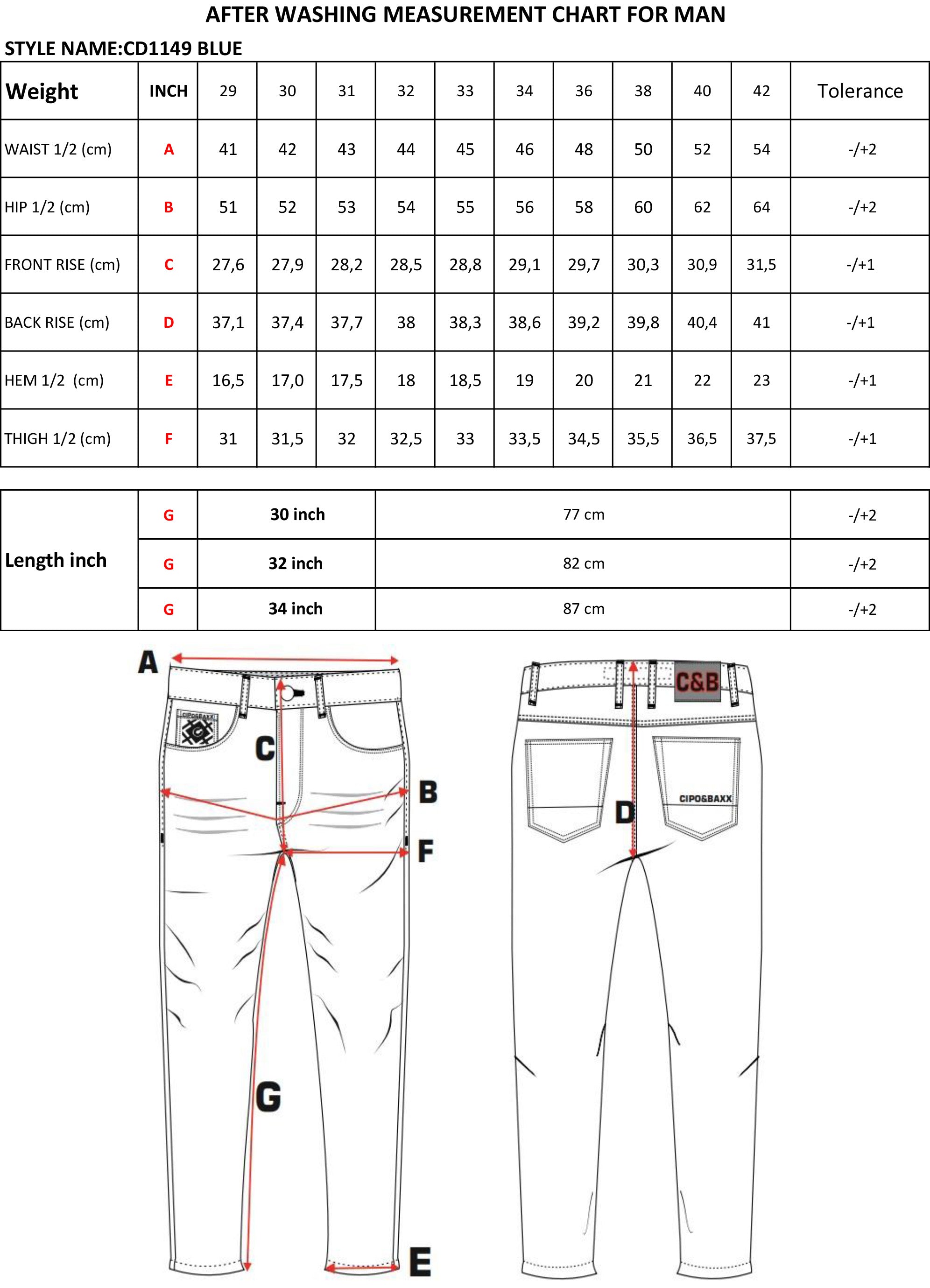 C-1149 Męskie Jeansy Regular Fit size chart