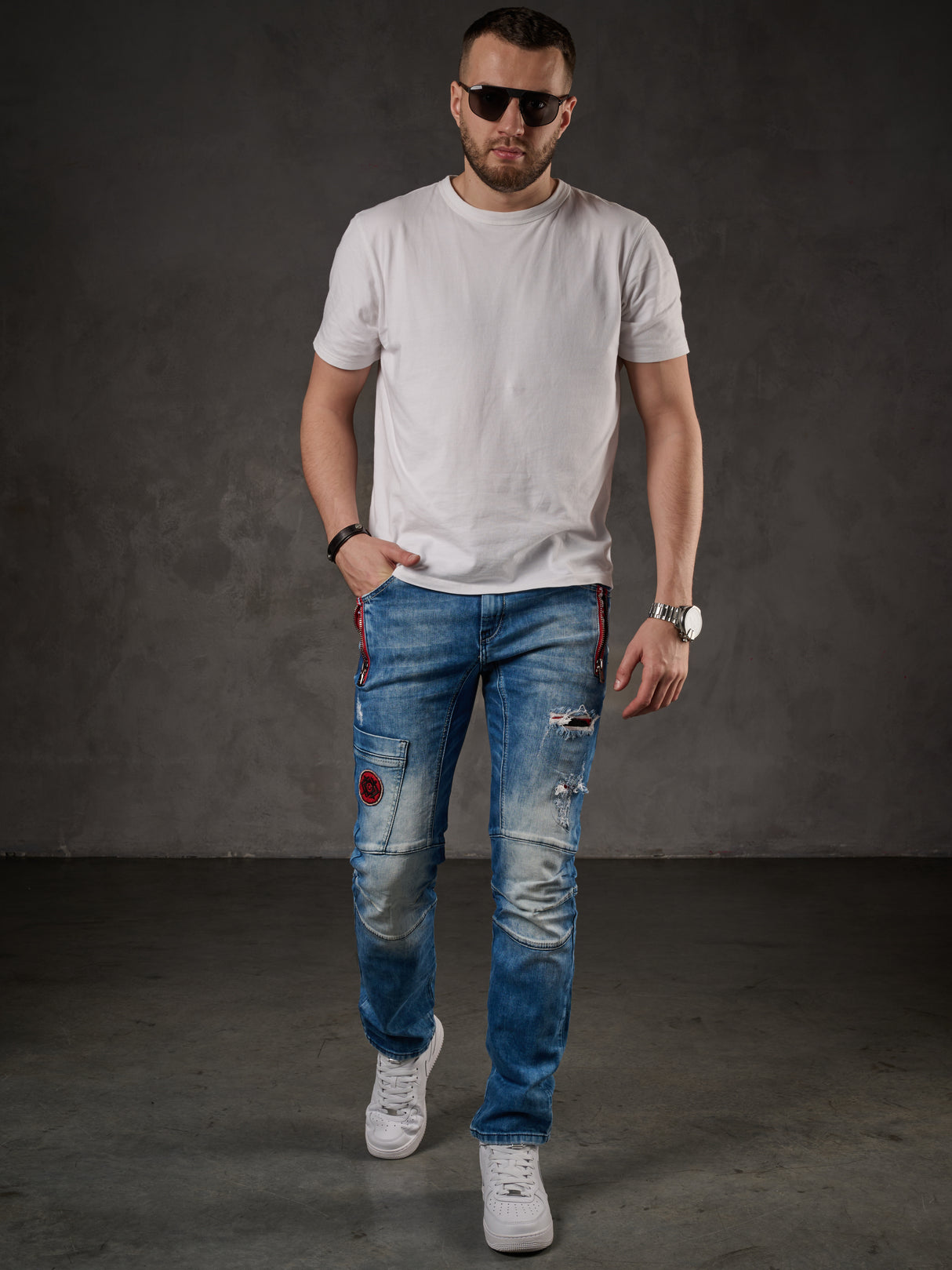 CD847 Herren Designer Jeanshose mit Kontrastfarbenen Details