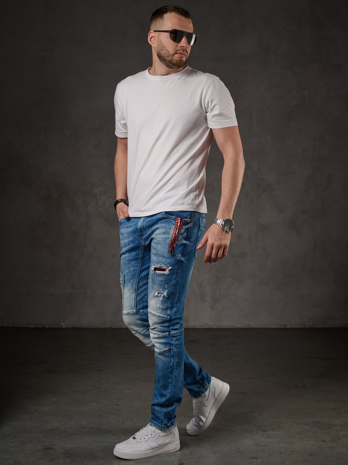 CD847 Herren Designer Jeanshose mit Kontrastfarbenen Details