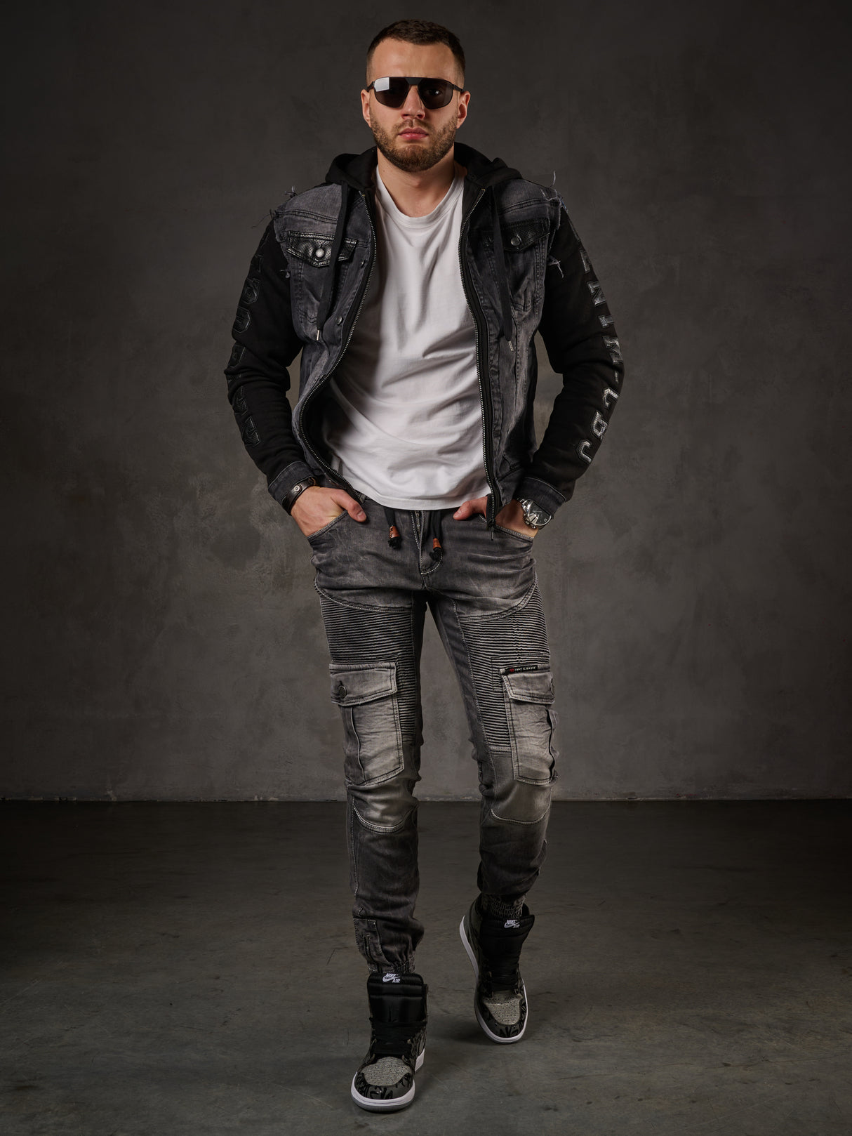 Giacca in denim CJ155, giacca in felpa con cappuccio in look western