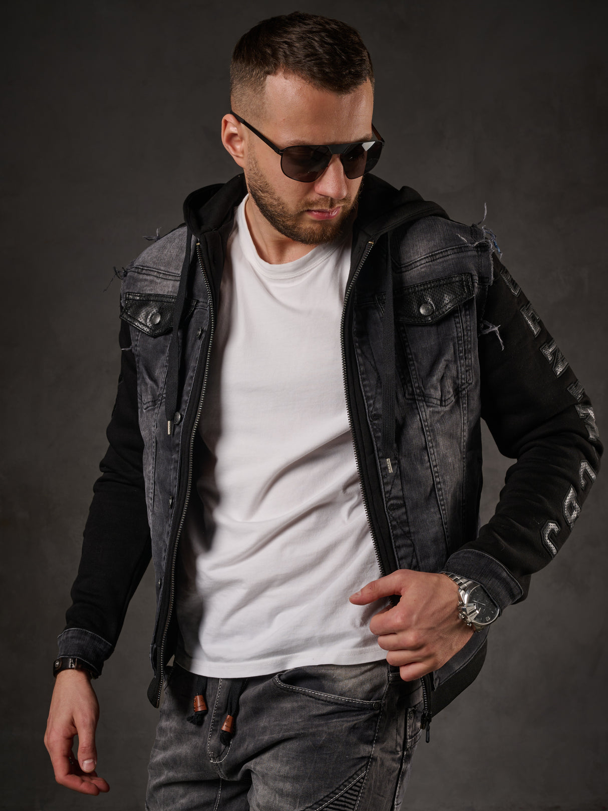 Giacca in denim CJ155, giacca in felpa con cappuccio in look western