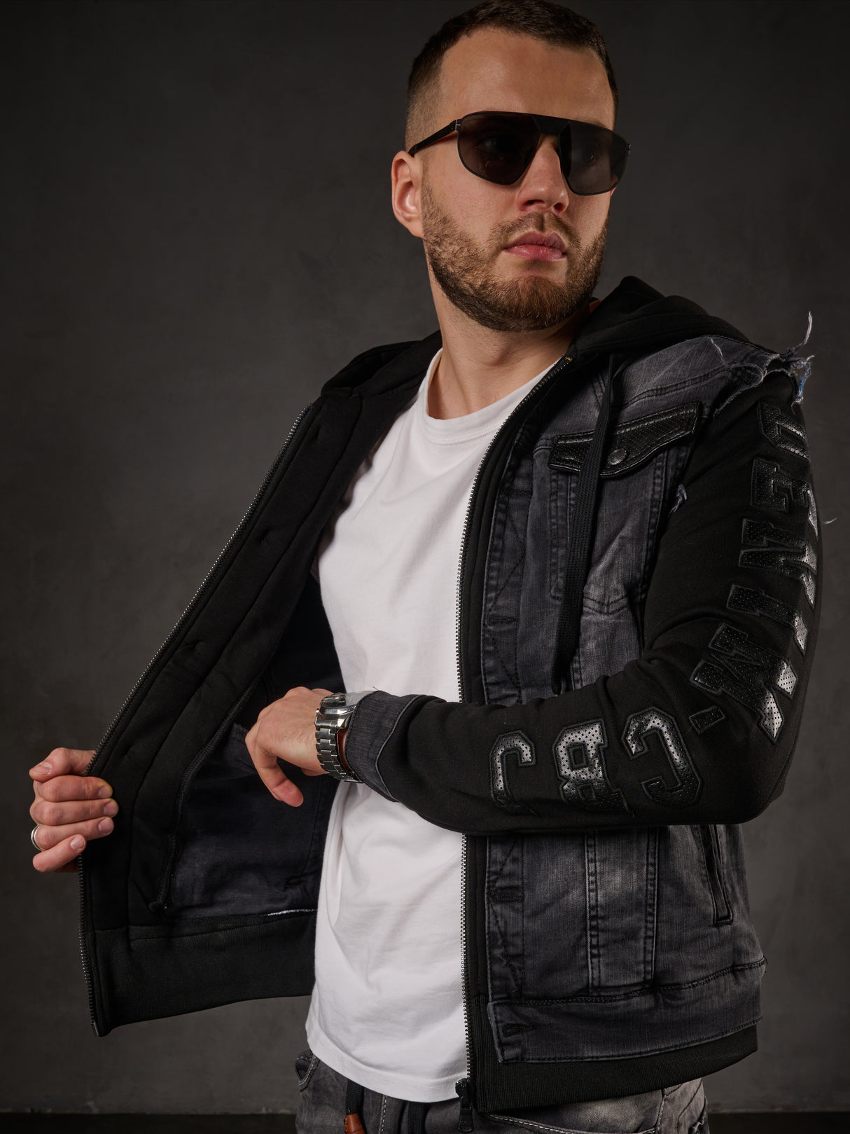 Giacca in denim CJ155, giacca in felpa con cappuccio in look western