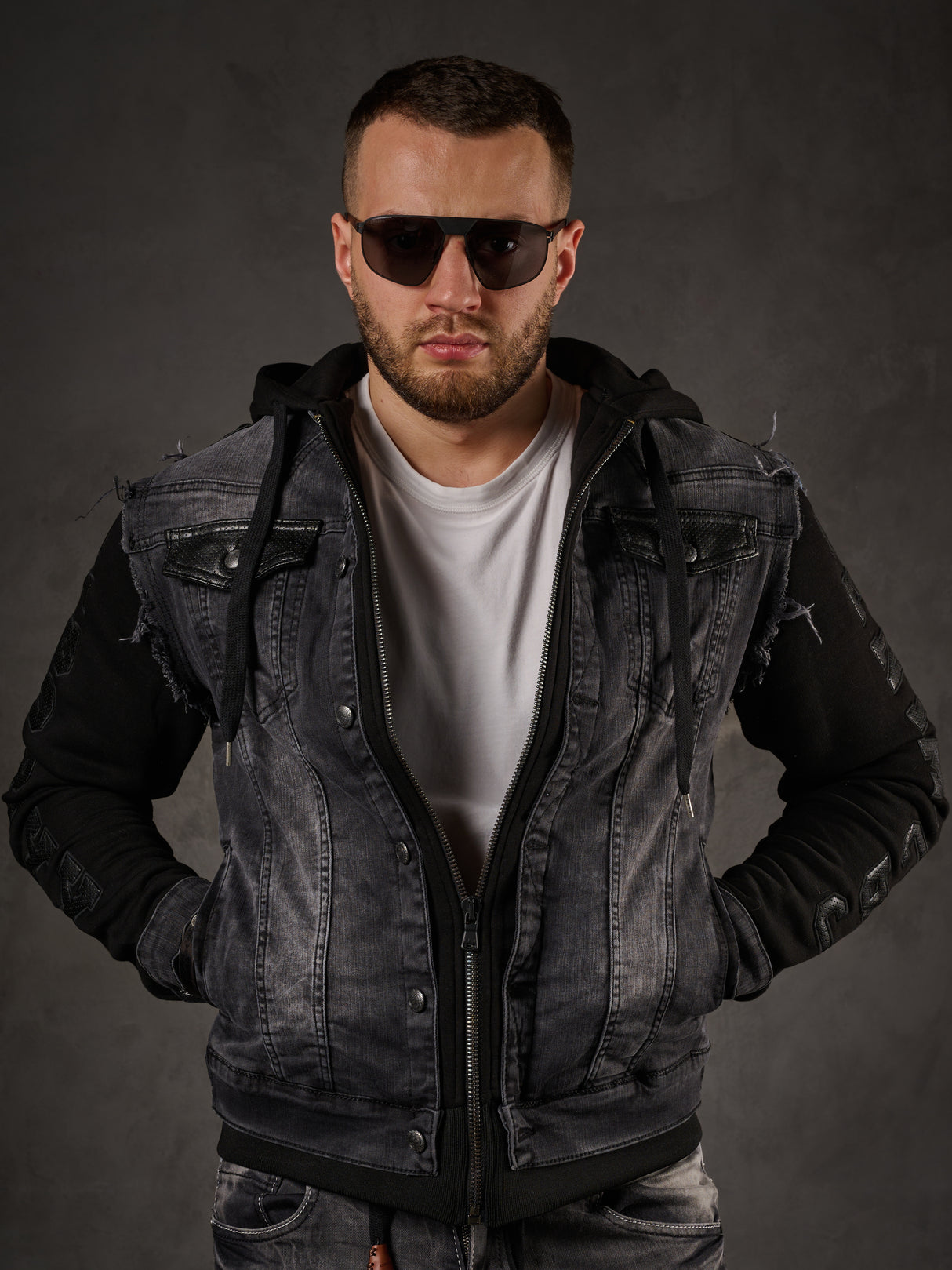 Giacca in denim CJ155, giacca in felpa con cappuccio in look western