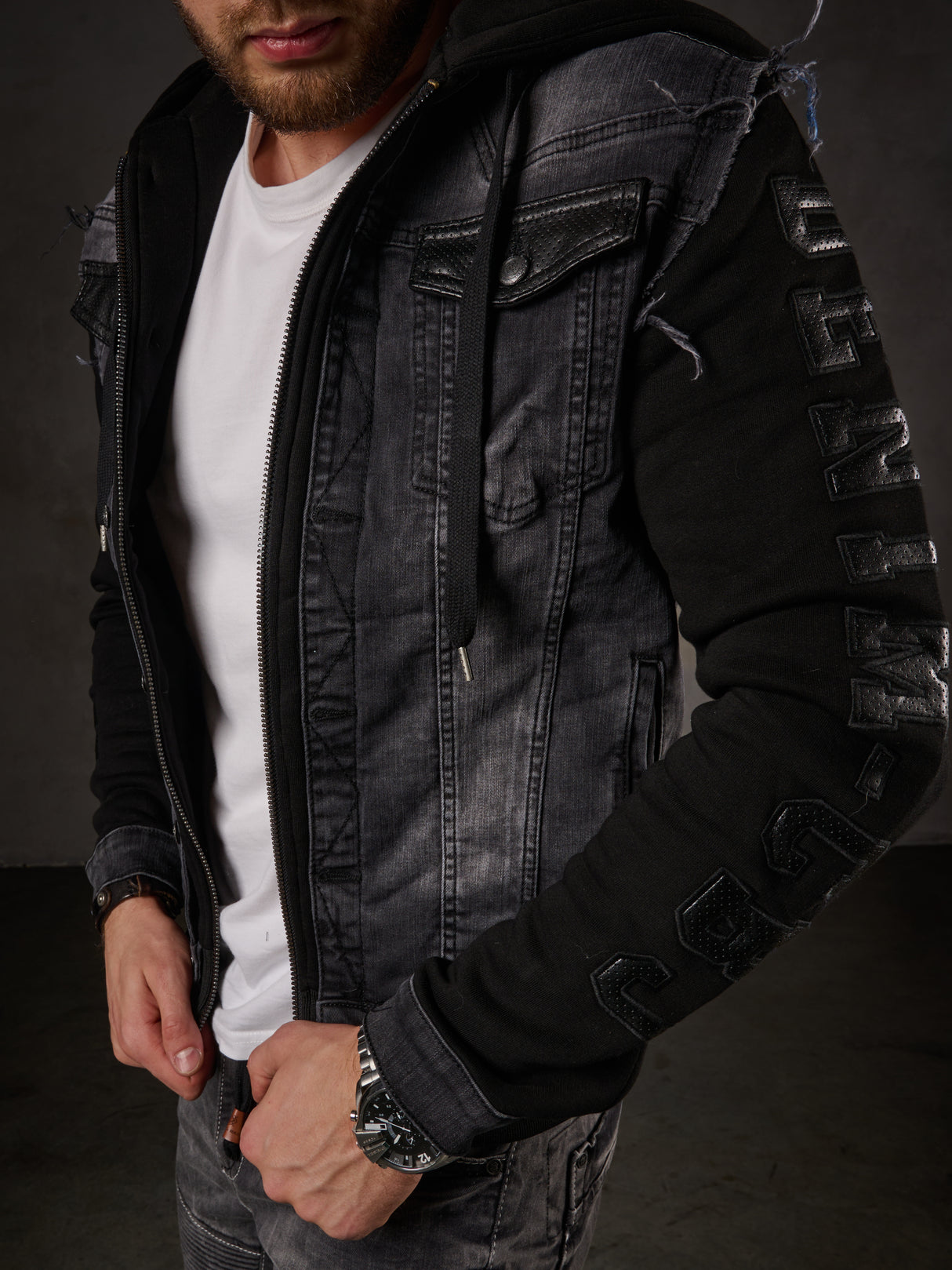 Giacca in denim CJ155, giacca in felpa con cappuccio in look western