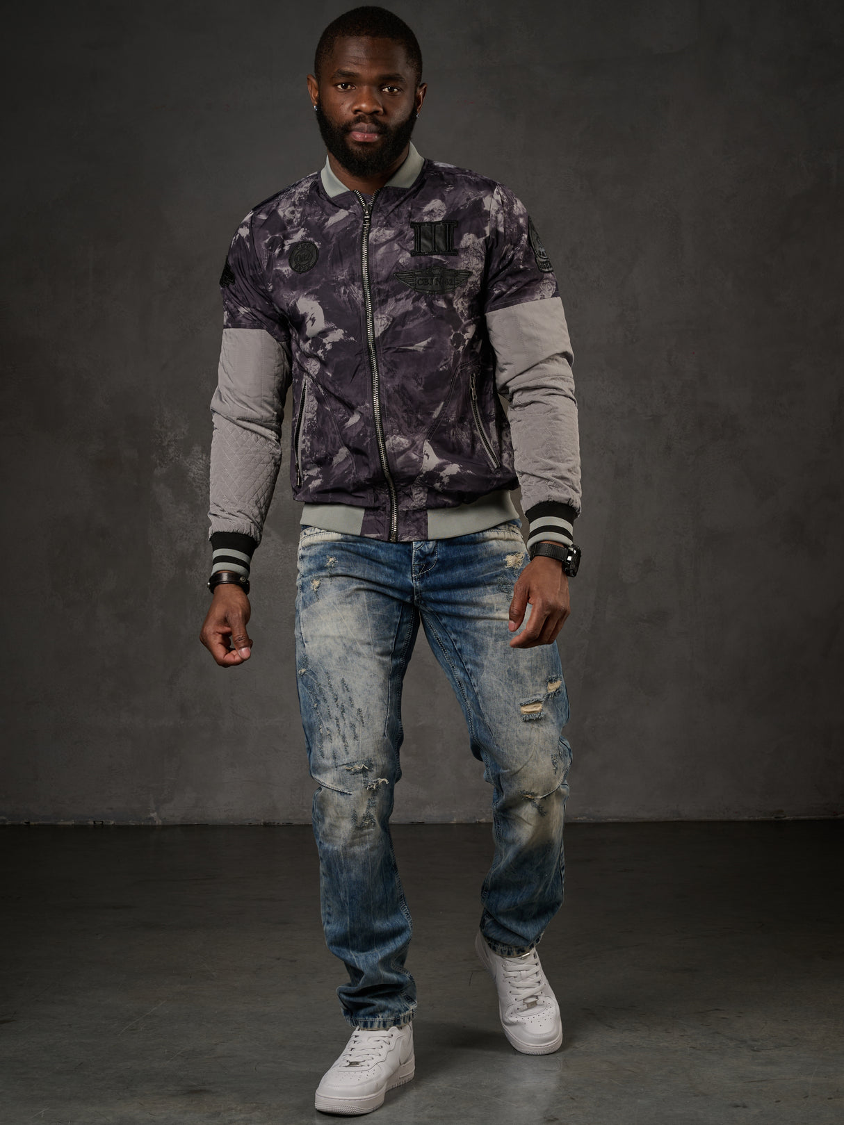 CJ210 Herren Übergangsjacke – Camouflage-Design in Grau mit Strukturmix & urbanem Look | Leichte Jacke für Frühling & Herbst