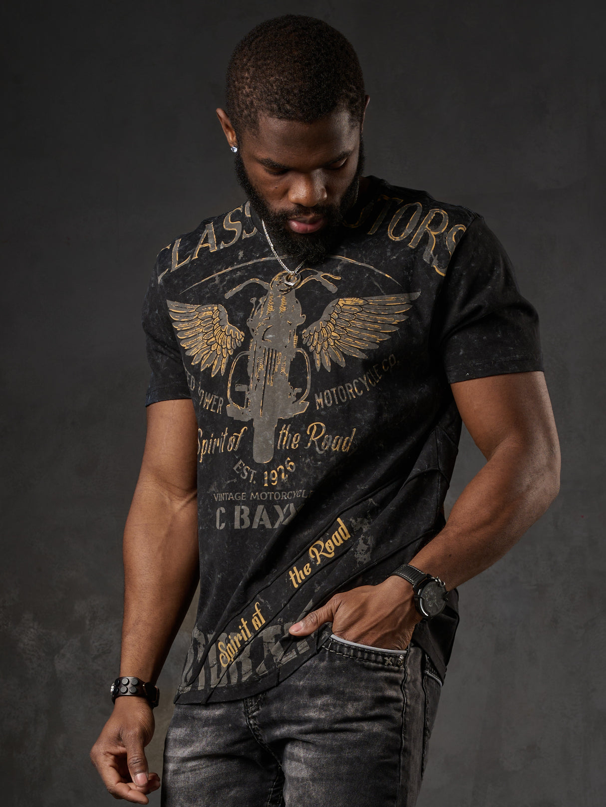 CT706 T‑shirt uomo con stampa moto vintage