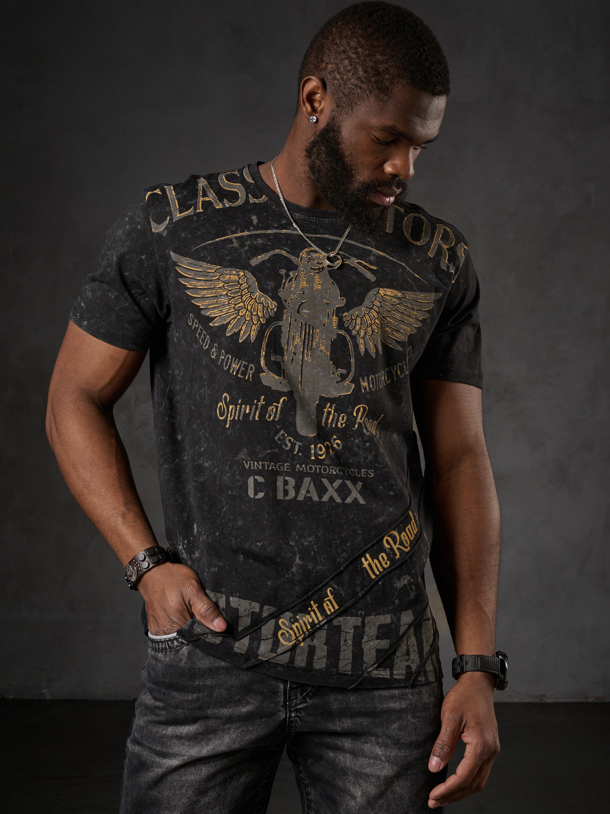 CT706 T‑shirt uomo con stampa moto vintage