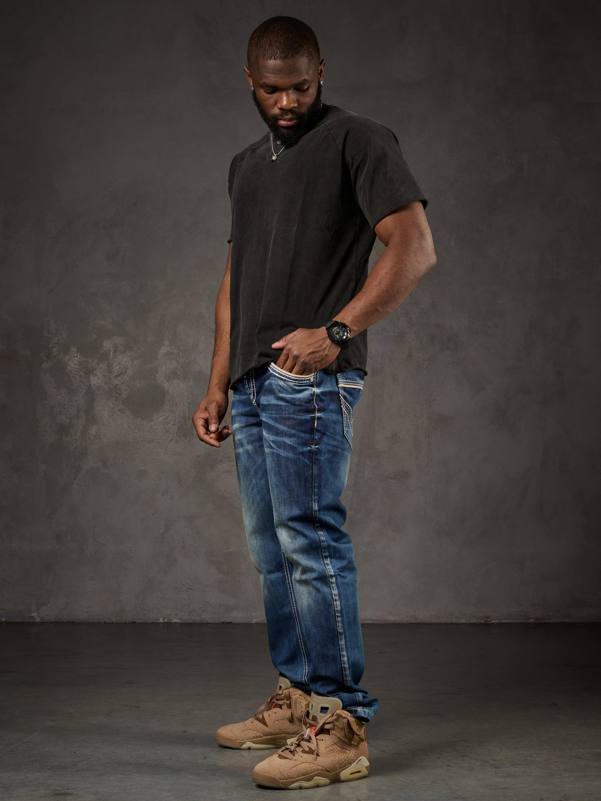 CD184 Herren bequeme Jeans mit abgesetzten Ziernähten in Straight Fit