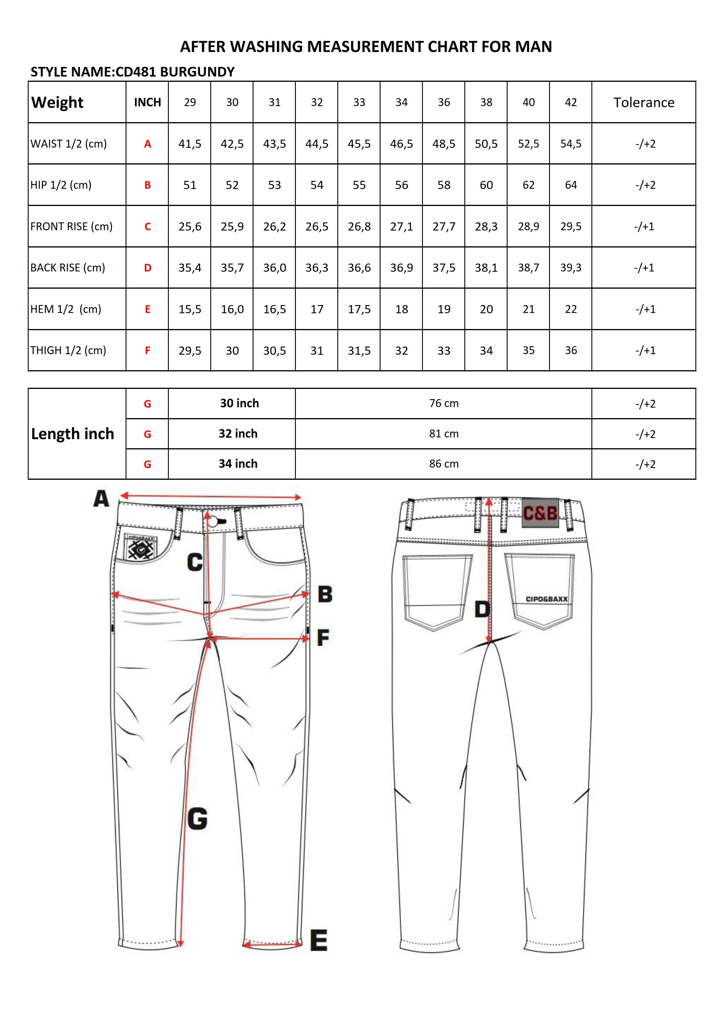 CD482 Jeans de Hombre size chart