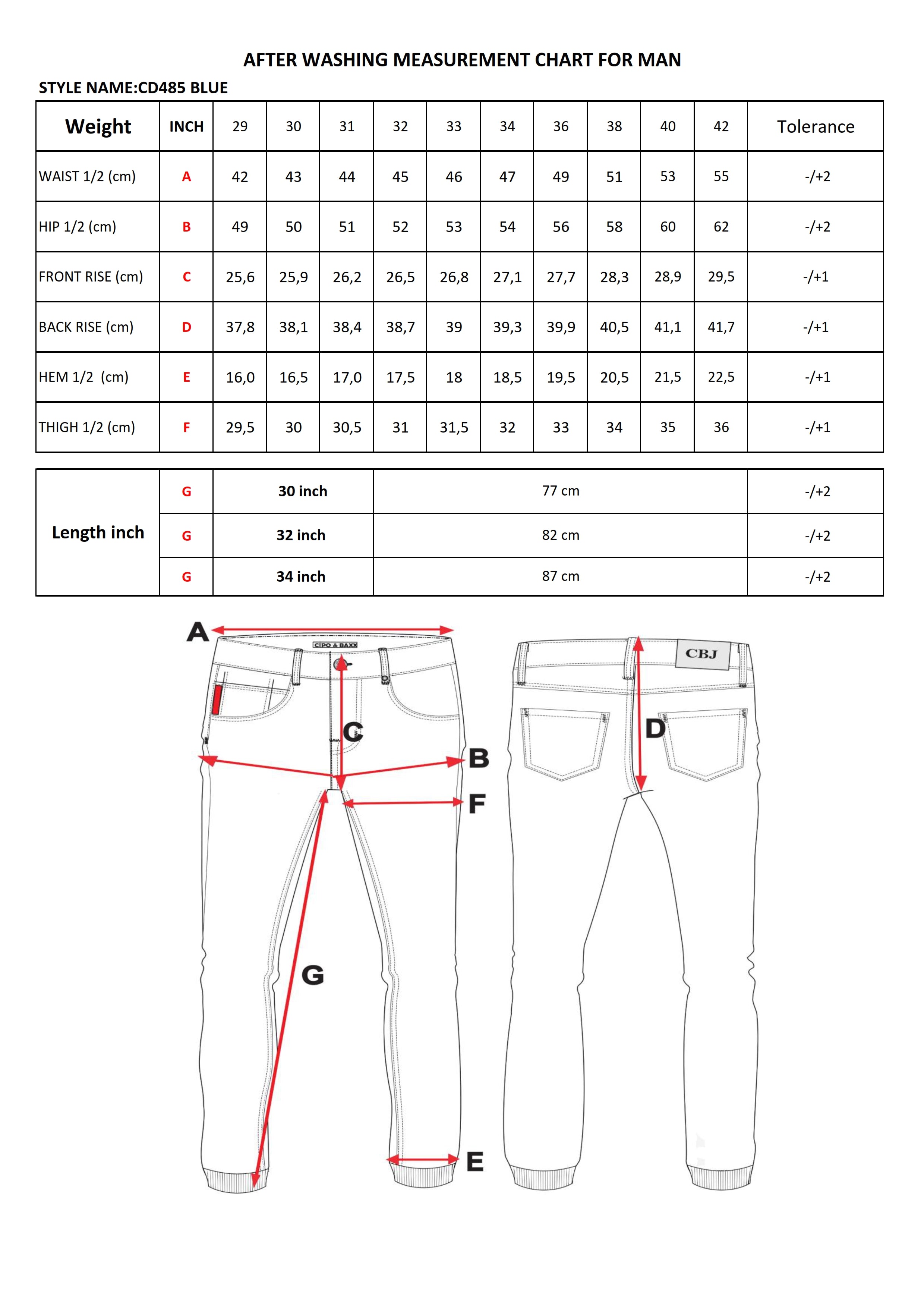 CD485 jeansy slim fit z efektem sprania size chart