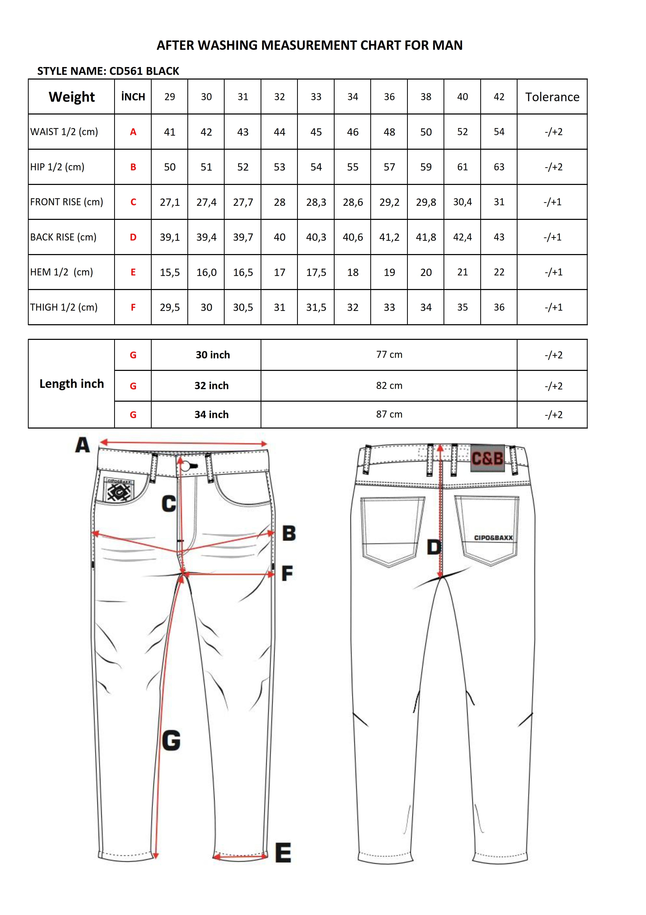 CD561 jeansy proste z aplikacjami i suwakami size chart
