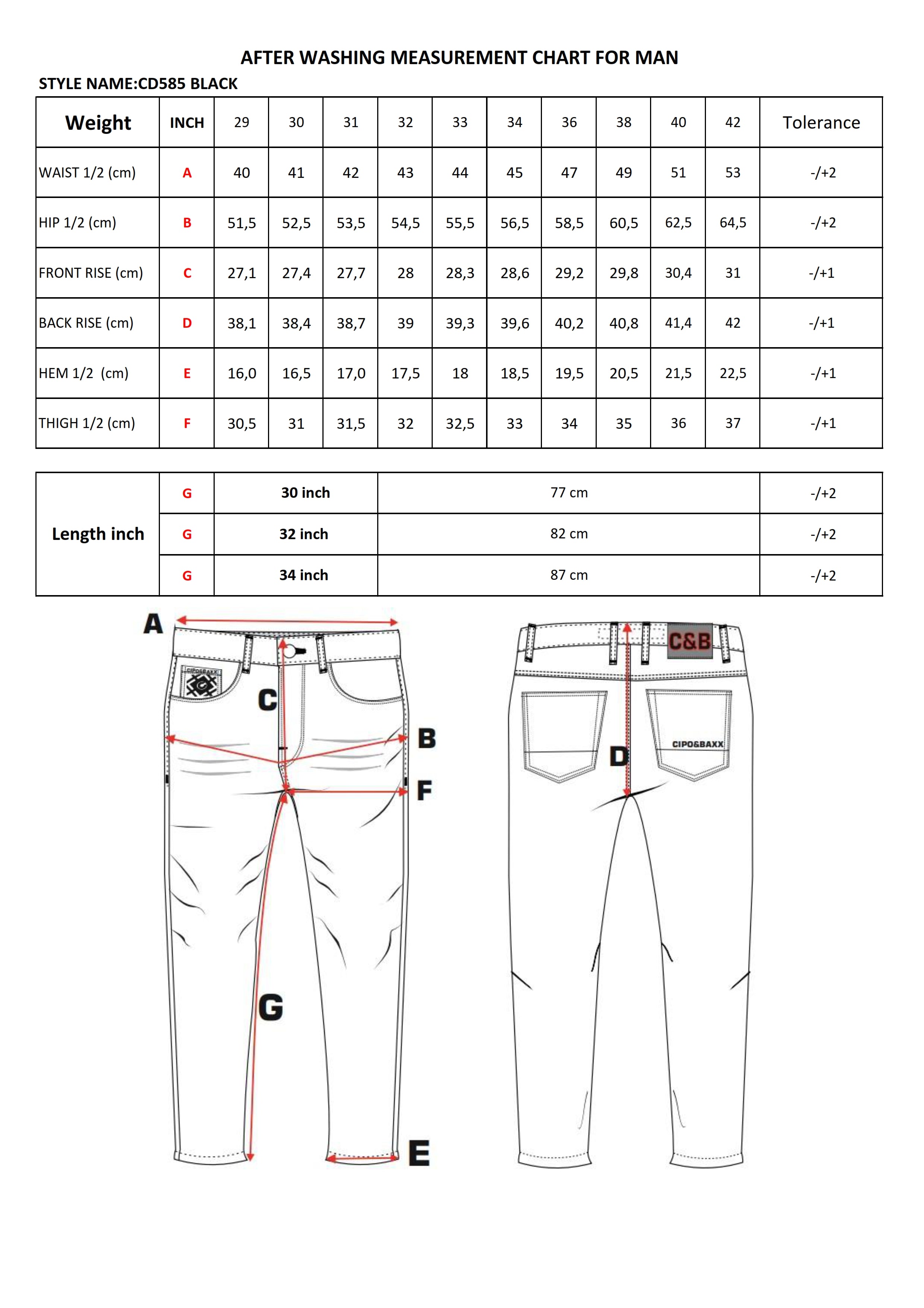 CD585 jeansy z ozdobnymi kieszeniami size chart