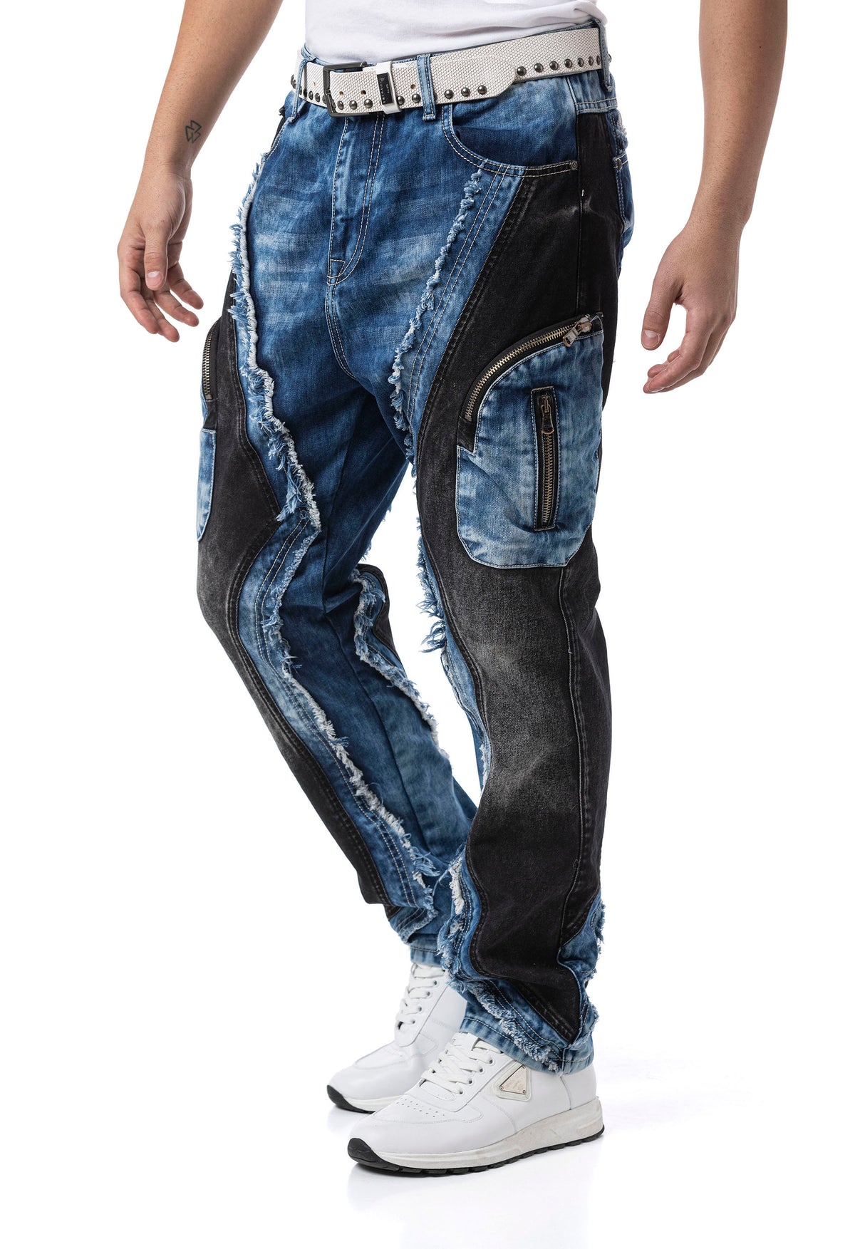 CD909 Jeans para Hombre – Corte Loose Fit con Paneles Contrastados y Cremalleras