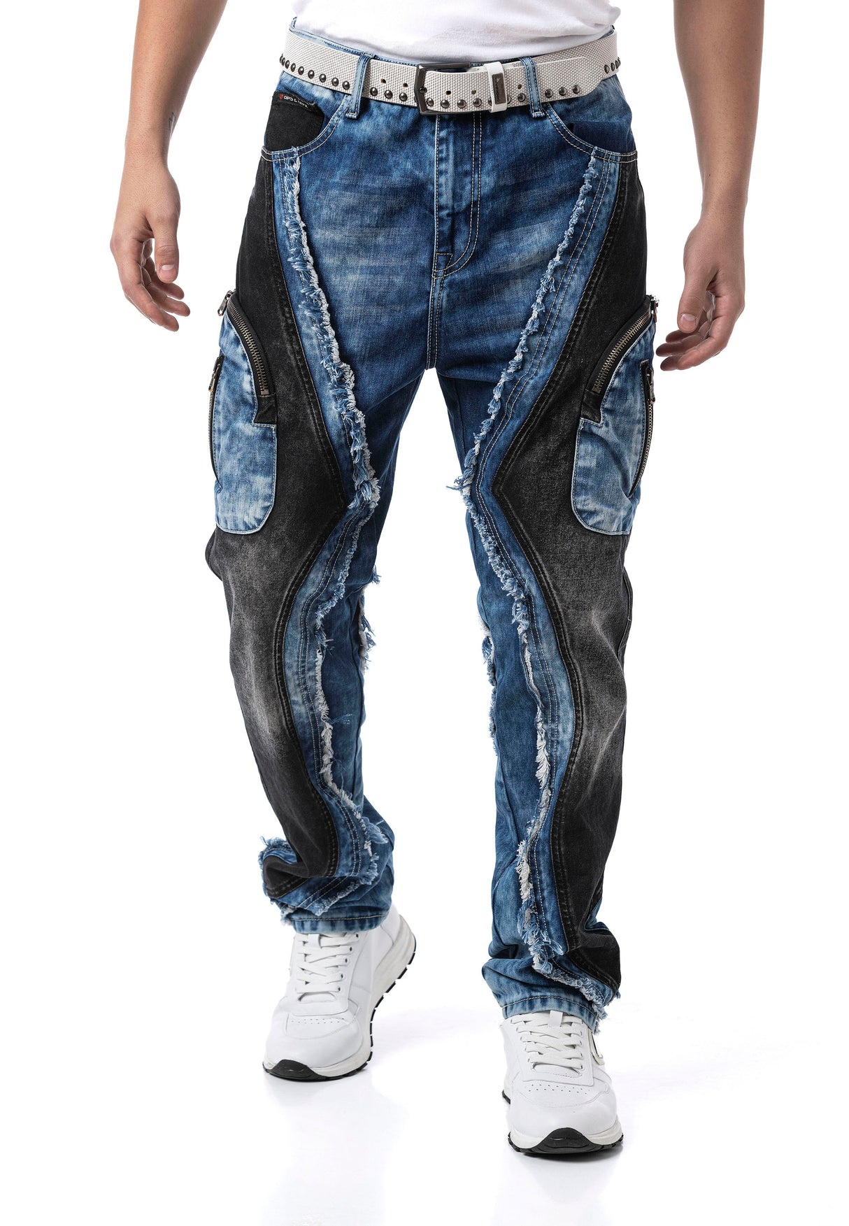 CD909 Jeans para Hombre – Corte Loose Fit con Paneles Contrastados y Cremalleras