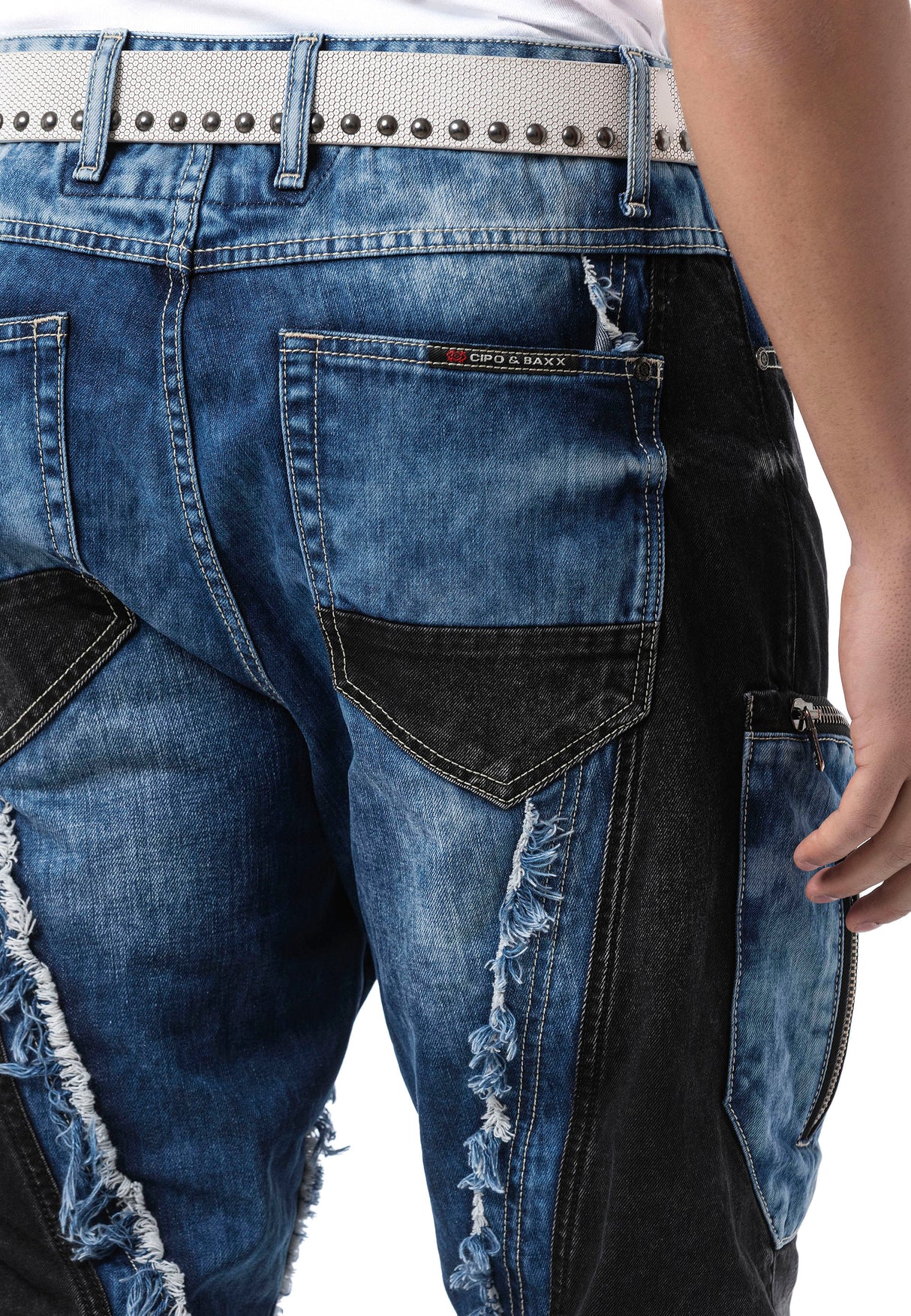 CD909 Jeans para Hombre – Corte Loose Fit con Paneles Contrastados y Cremalleras