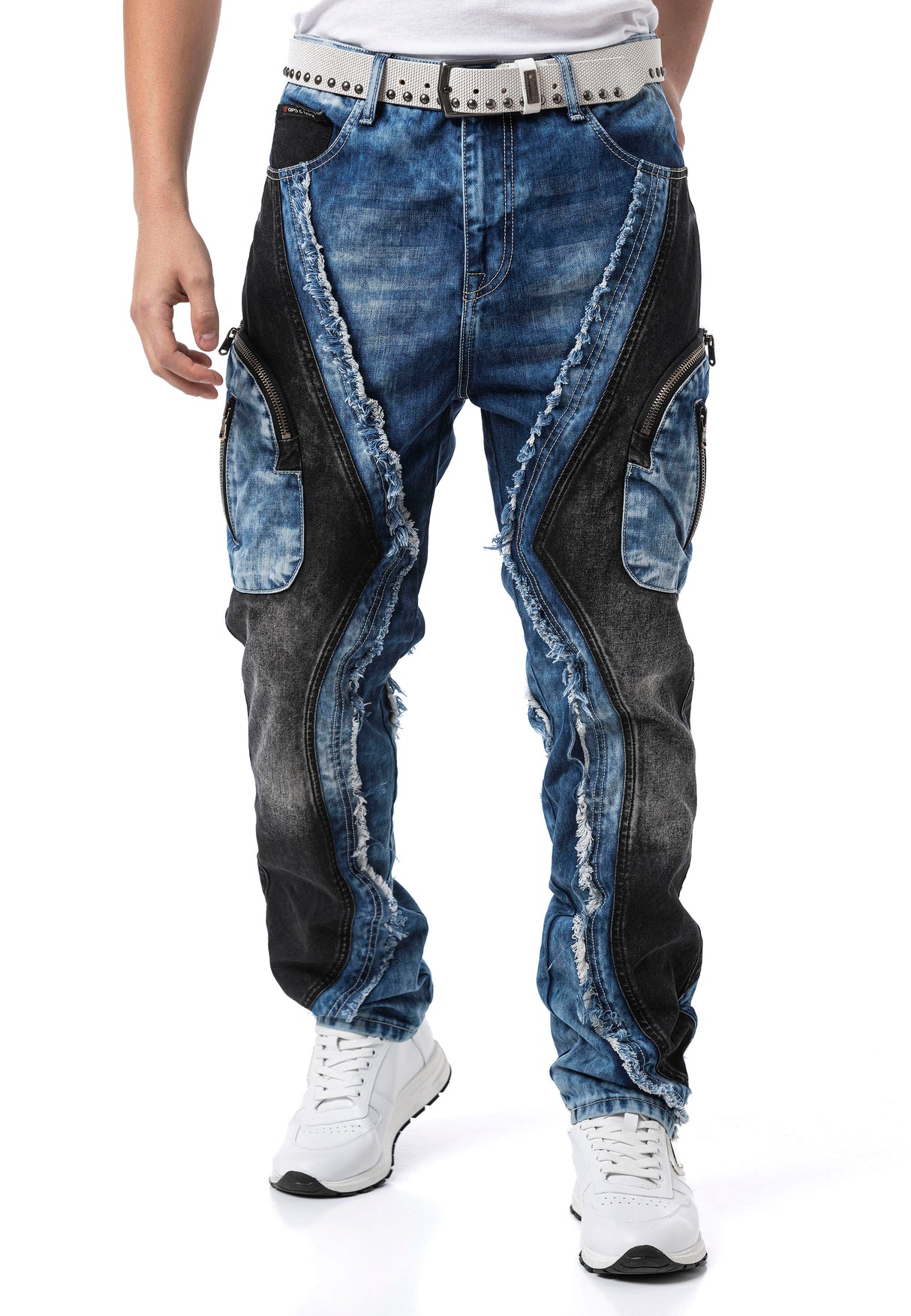 CD909 Jeans para Hombre – Corte Loose Fit con Paneles Contrastados y Cremalleras
