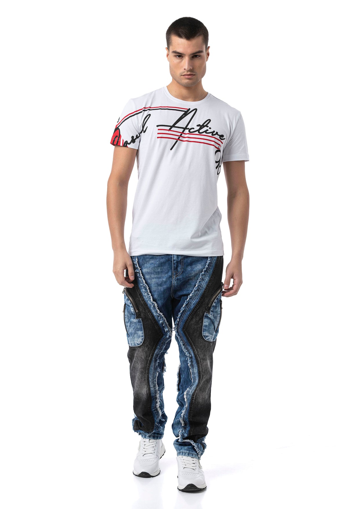 CD909 Jeans para Hombre – Corte Loose Fit con Paneles Contrastados y Cremalleras