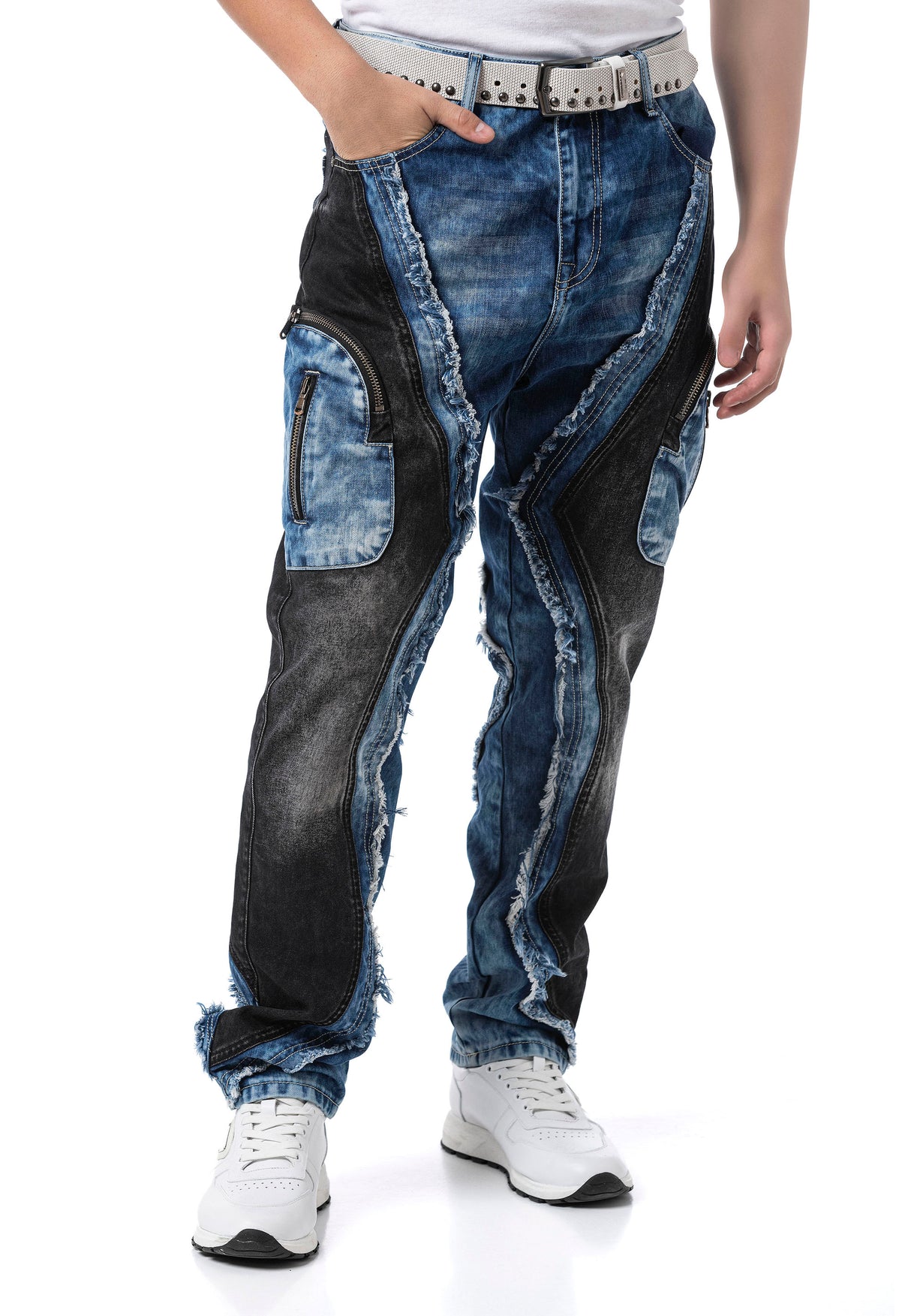 CD909 Jeans para Hombre – Corte Loose Fit con Paneles Contrastados y Cremalleras