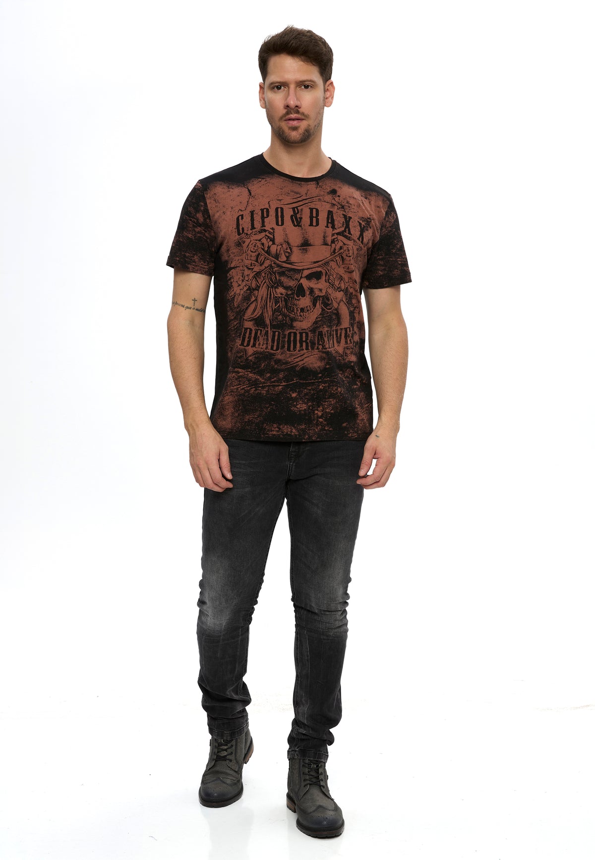 CT830 メンズTシャツ、ドクロプリントとヴィンテージ加工