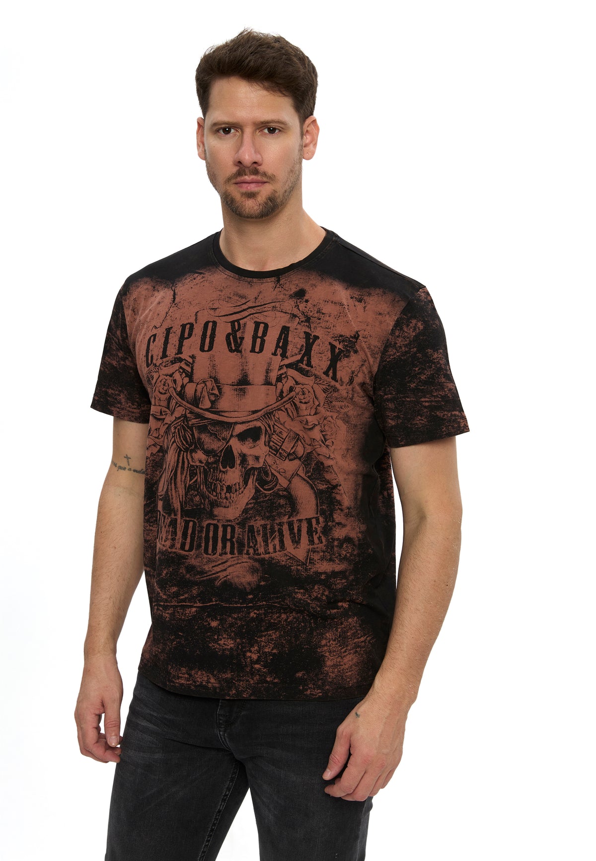 CT830 メンズTシャツ、ドクロプリントとヴィンテージ加工