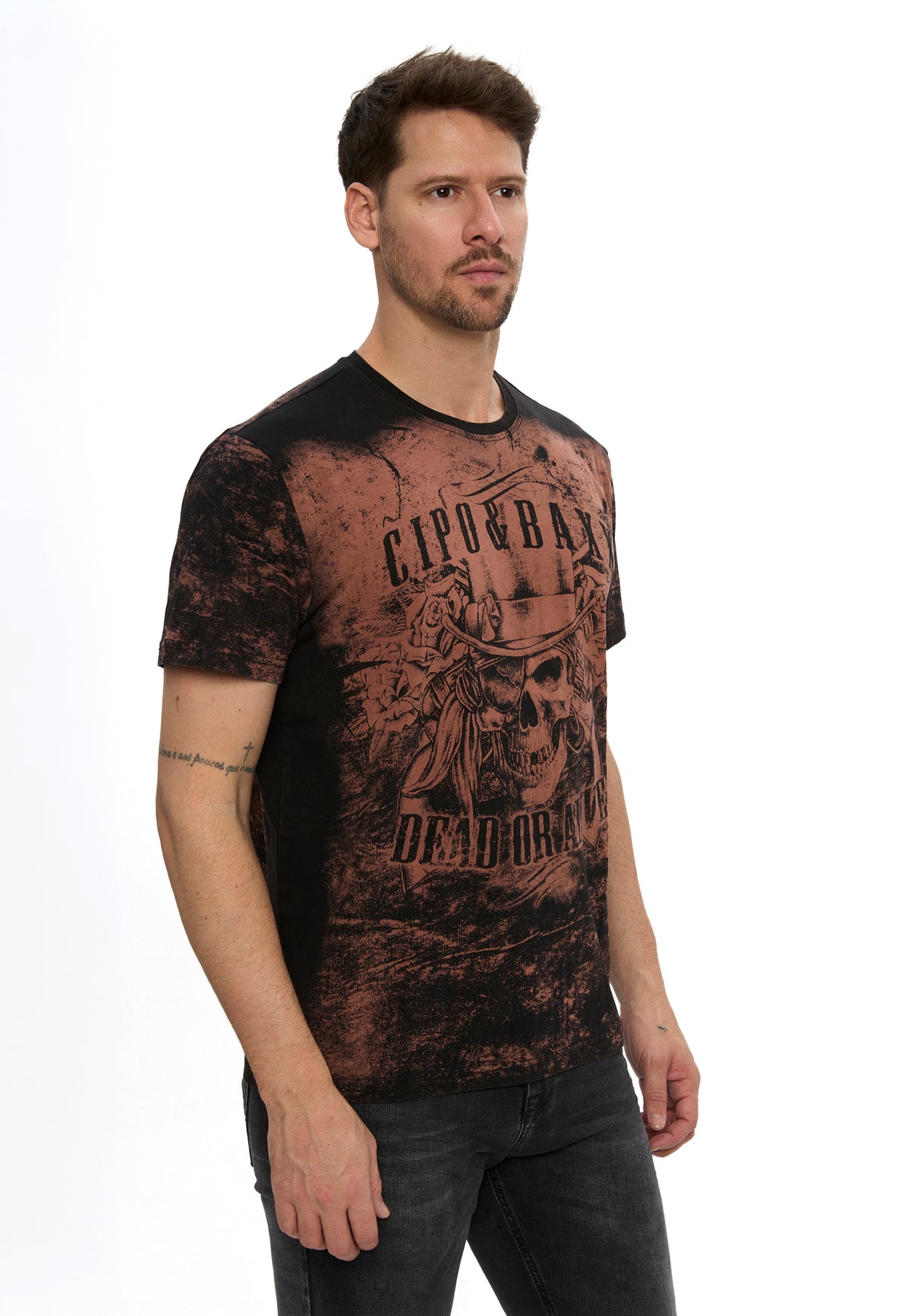 CT830 メンズTシャツ、ドクロプリントとヴィンテージ加工