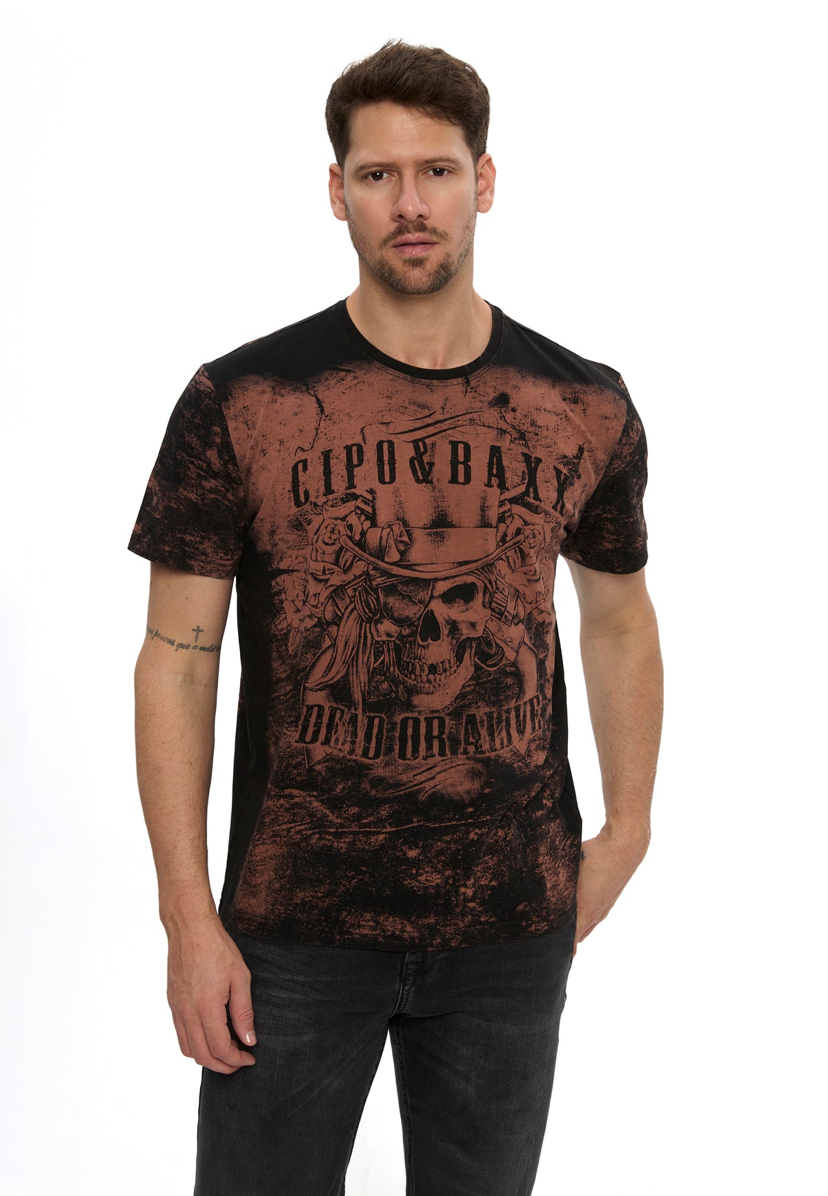 CT830 メンズTシャツ、ドクロプリントとヴィンテージ加工