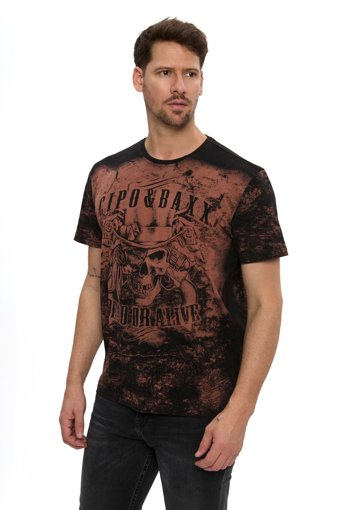 CT830 メンズTシャツ、ドクロプリントとヴィンテージ加工