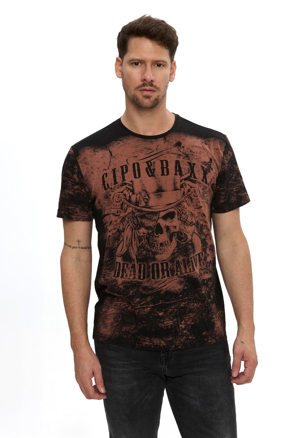 CT830 メンズTシャツ、ドクロプリントとヴィンテージ加工