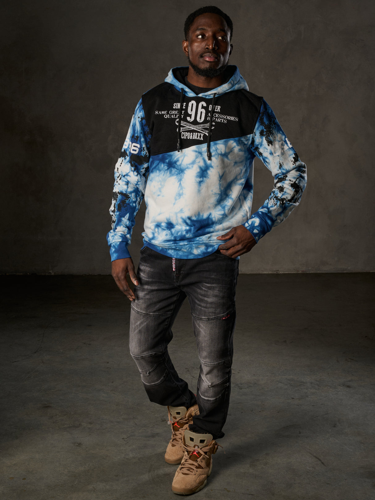 CL593 Herren Hoodie Sweatshirt – Schwarz-Blauer Kapuzenpullover mit Kontraststreifen & Fronttasche | Sportlicher Streetwear-Look für Alltag & Freizeit