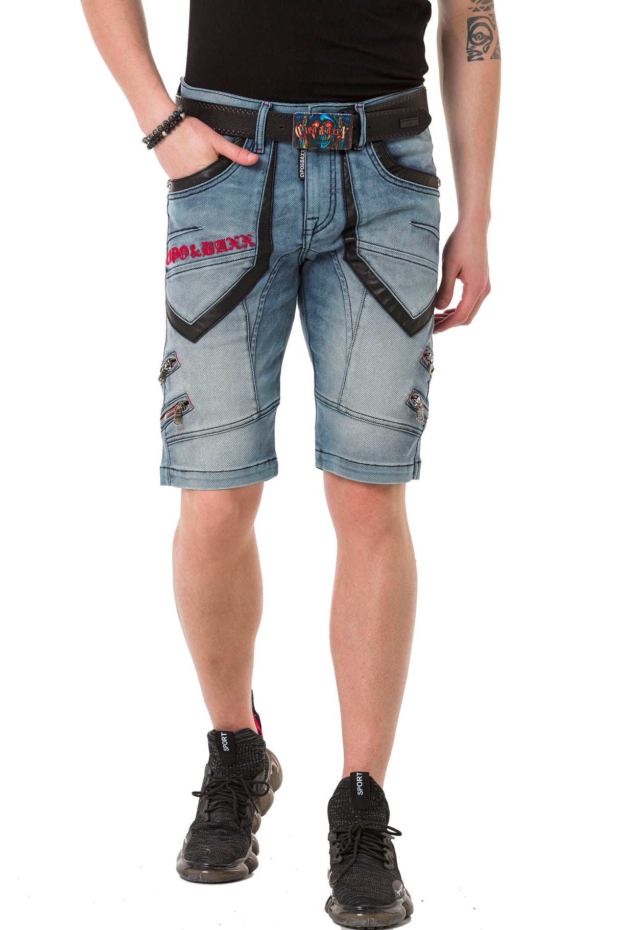 CK259 Herren Capri Shorts mit Kunstlederstreifen im Designer-Look