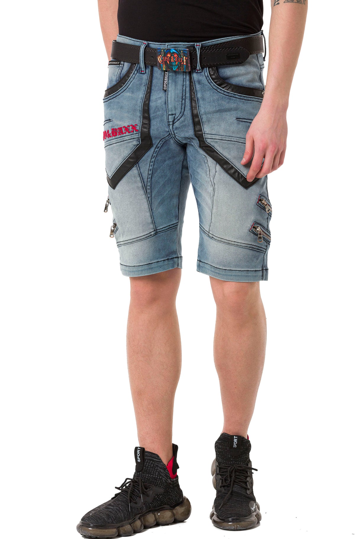 CK259 Herren Capri Shorts mit Kunstlederstreifen im Designer-Look