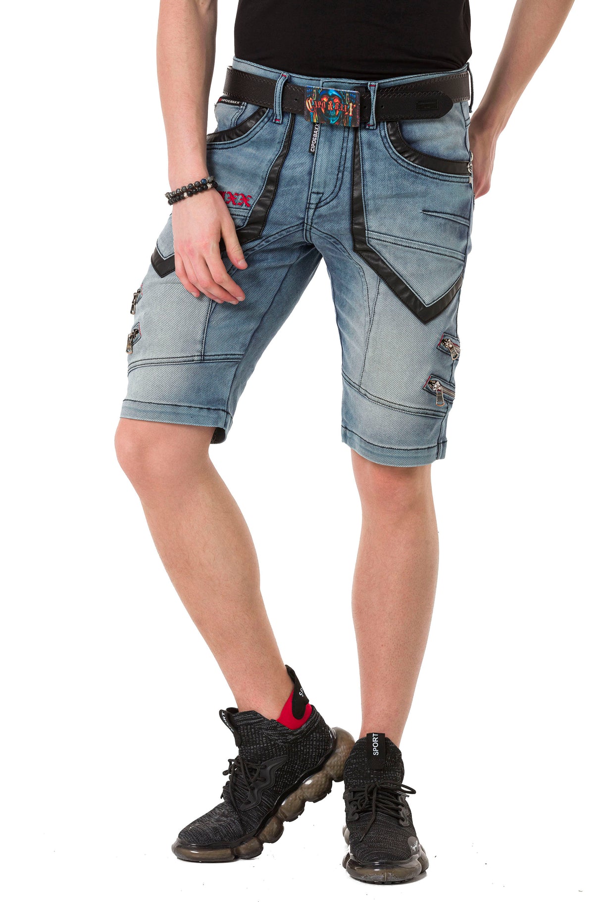 CK259 Herren Capri Shorts mit Kunstlederstreifen im Designer-Look