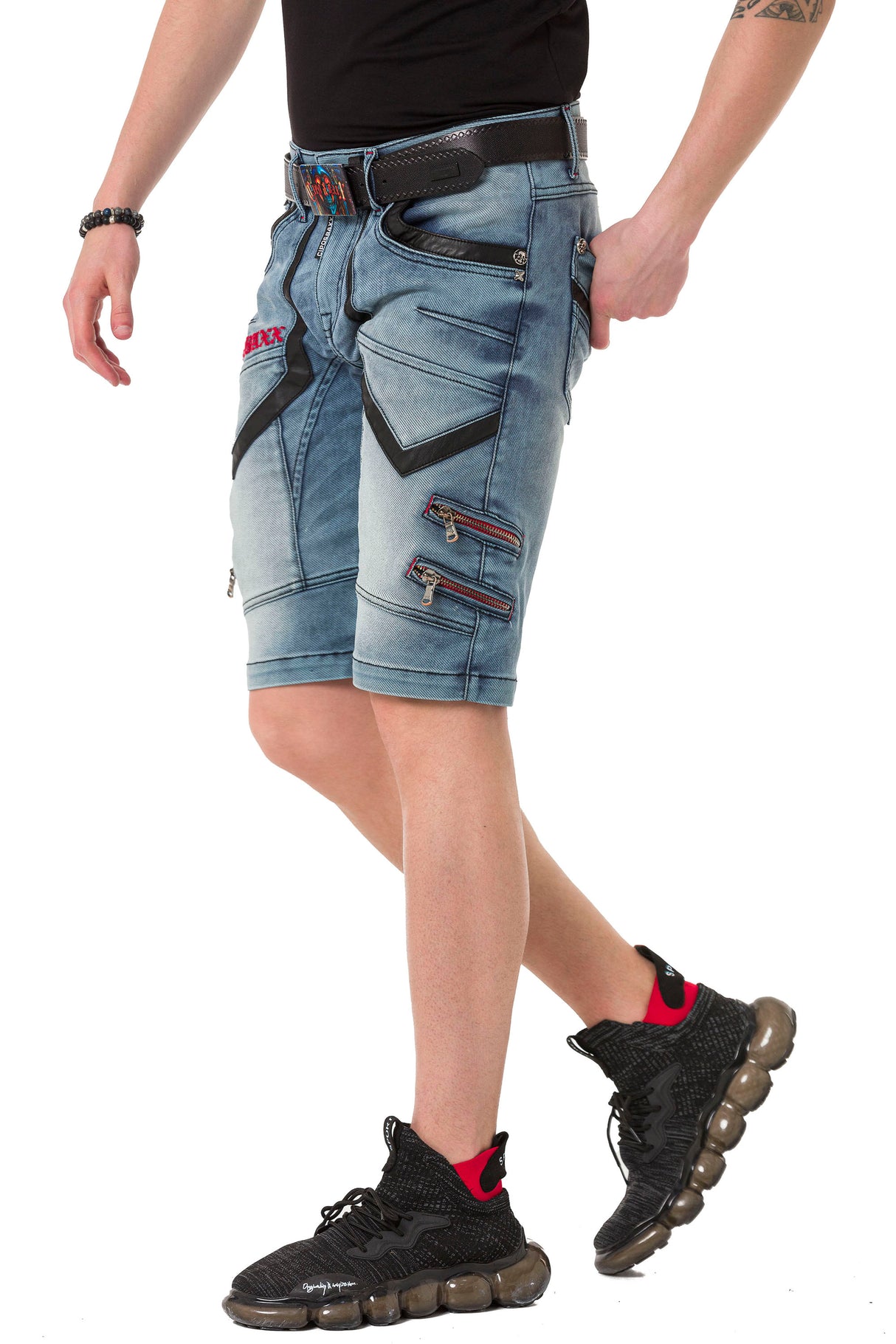 CK259 Herren Capri Shorts mit Kunstlederstreifen im Designer-Look