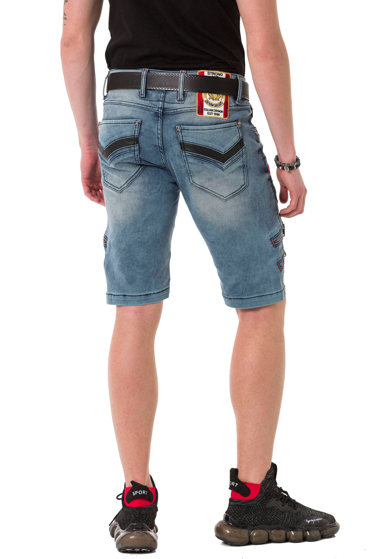 CK259 Herren Capri Shorts mit Kunstlederstreifen im Designer-Look