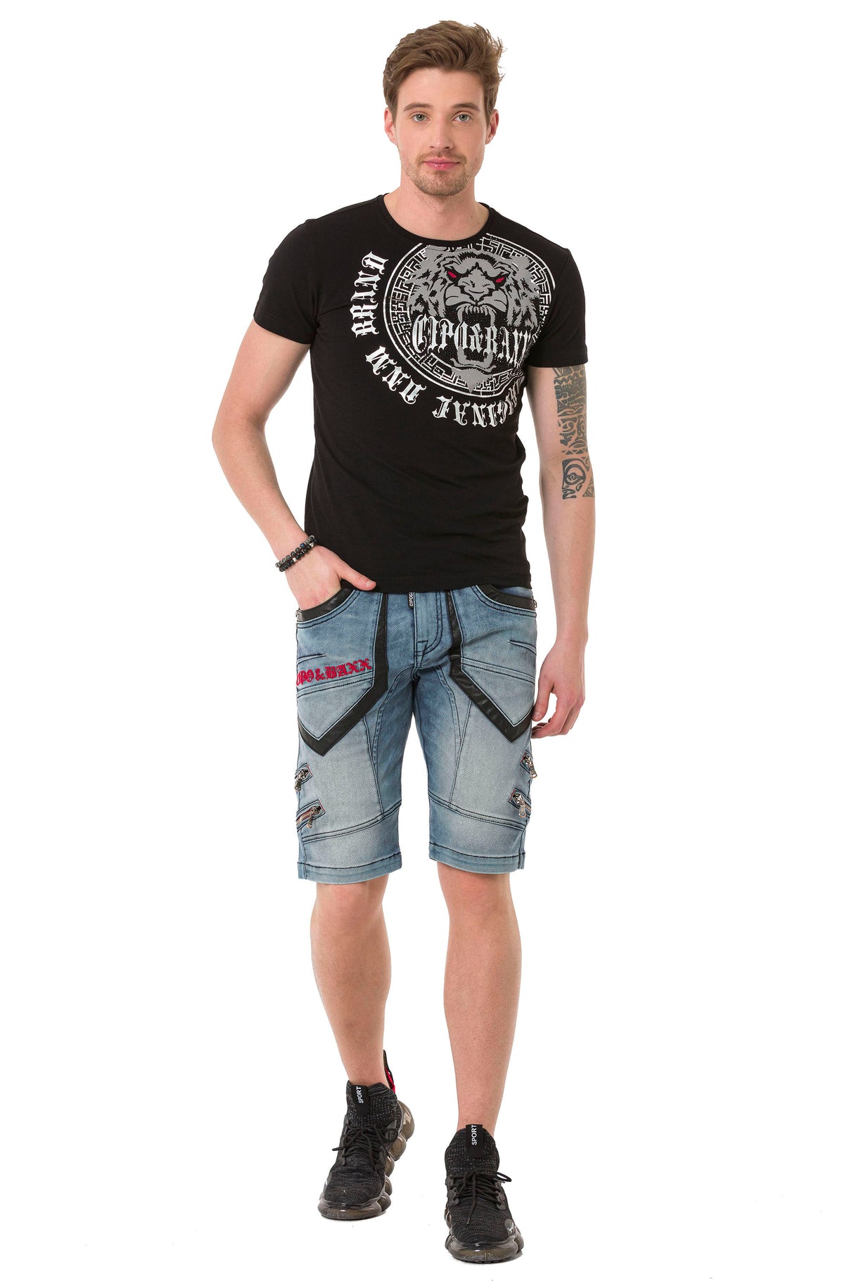 CK259 Herren Capri Shorts mit Kunstlederstreifen im Designer-Look