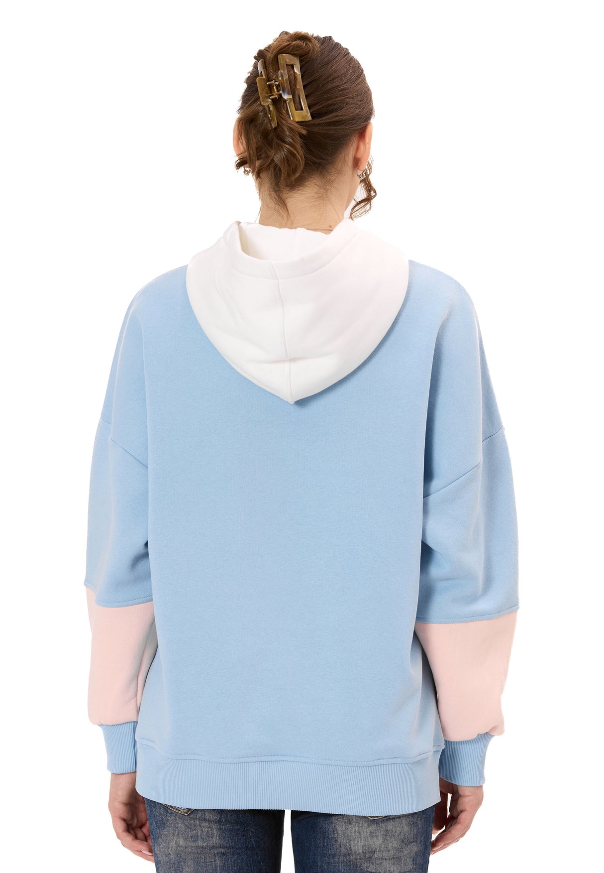 WL376 Damen Hoodie Sweatshirt – Colorblock Design, Frontprint „Visual Act“, Kapuze, weiche Baumwollmischung