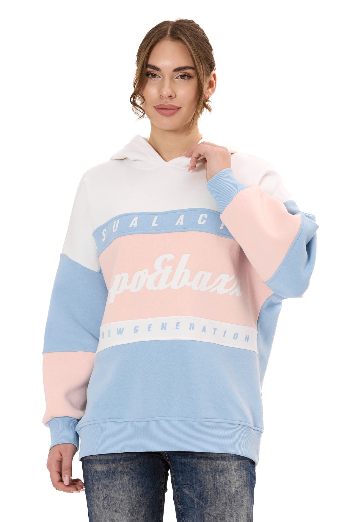 WL376 Damen Hoodie Sweatshirt – Colorblock Design, Frontprint „Visual Act“, Kapuze, weiche Baumwollmischung