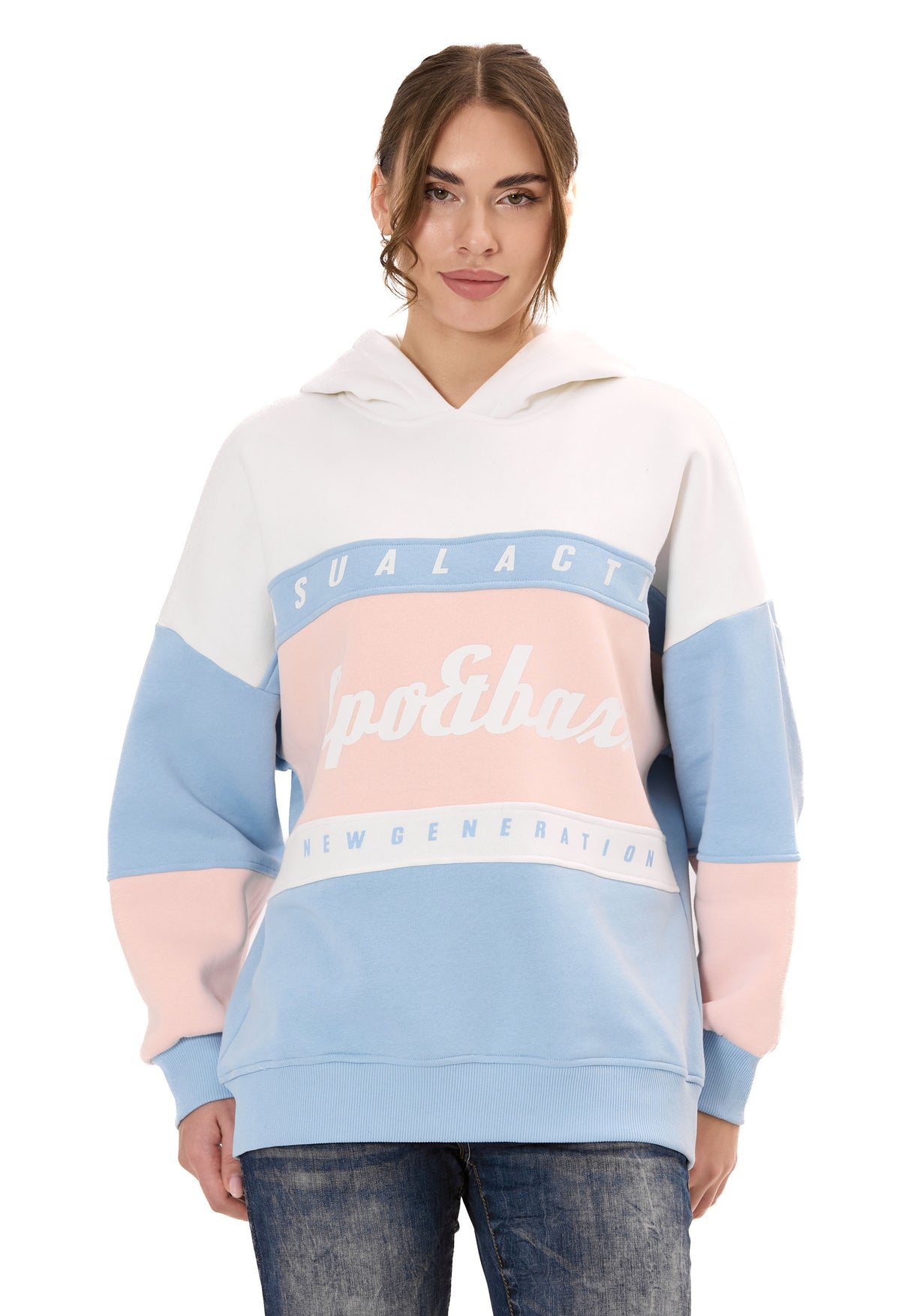 WL376 Damen Hoodie Sweatshirt – Colorblock Design, Frontprint „Visual Act“, Kapuze, weiche Baumwollmischung