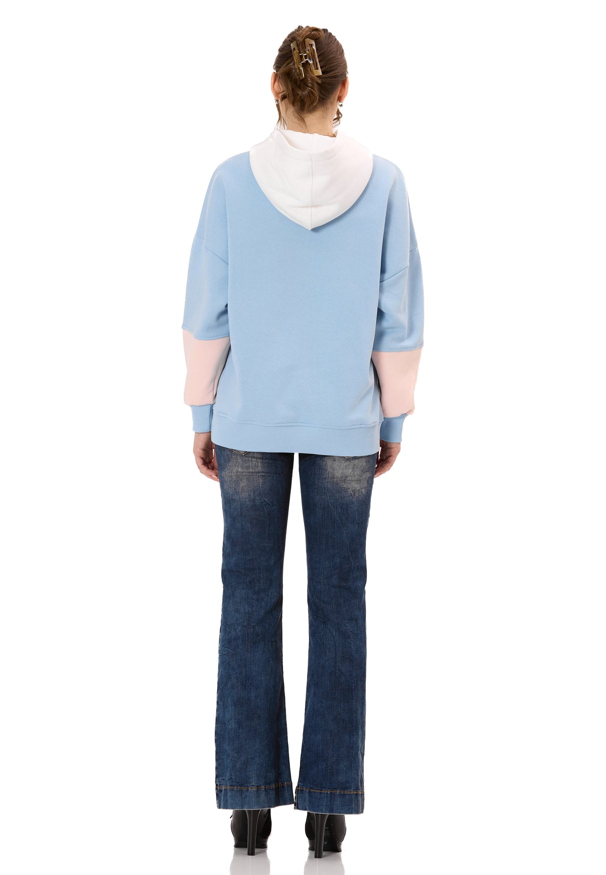 WL376 Damen Hoodie Sweatshirt – Colorblock Design, Frontprint „Visual Act“, Kapuze, weiche Baumwollmischung