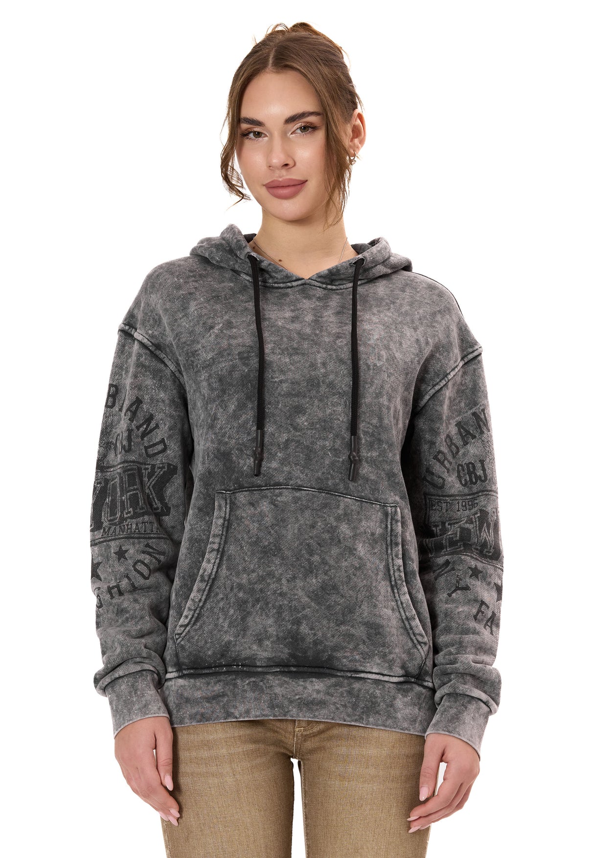 WL378 Felpa con Cappuccio da Donna – Effetto Lavato Vintage e Stampe sulle Maniche