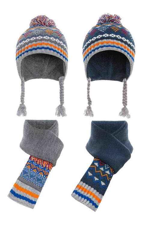 BA102 granatowo-antracytowy chłopięcy komplet zimowy/czapka i szalik