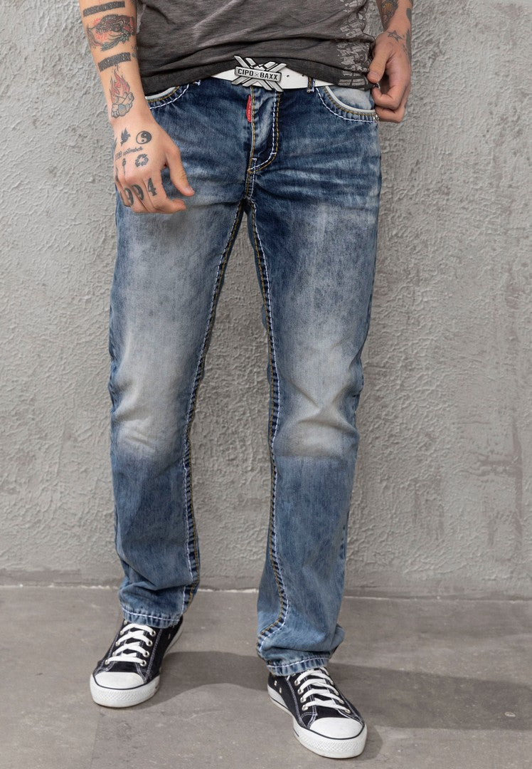 CD148 Herren bequeme Jeans mit Kontrastnähten in Straight Fit