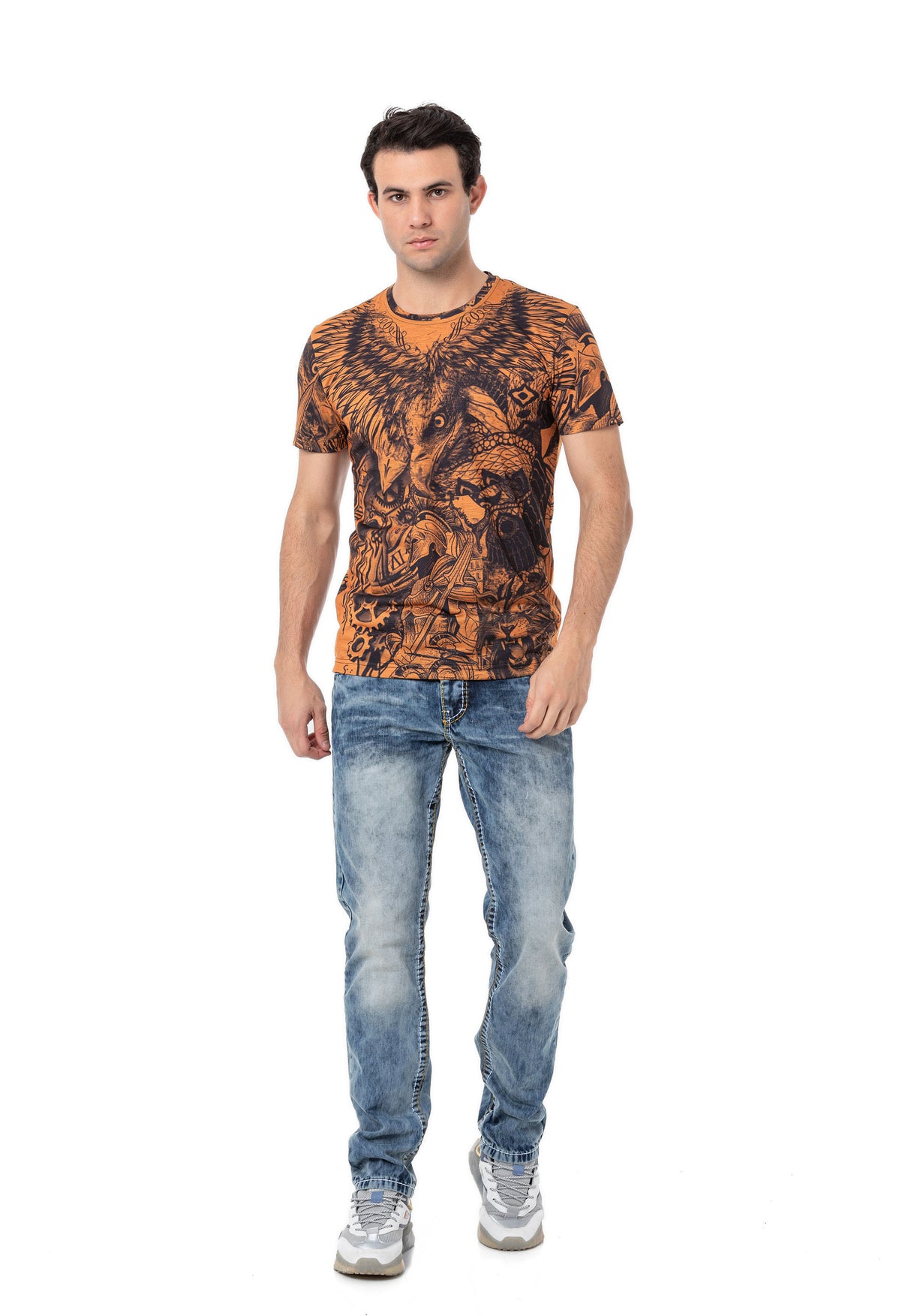 CD148 Herren bequeme Jeans mit Kontrastnähten in Straight Fit