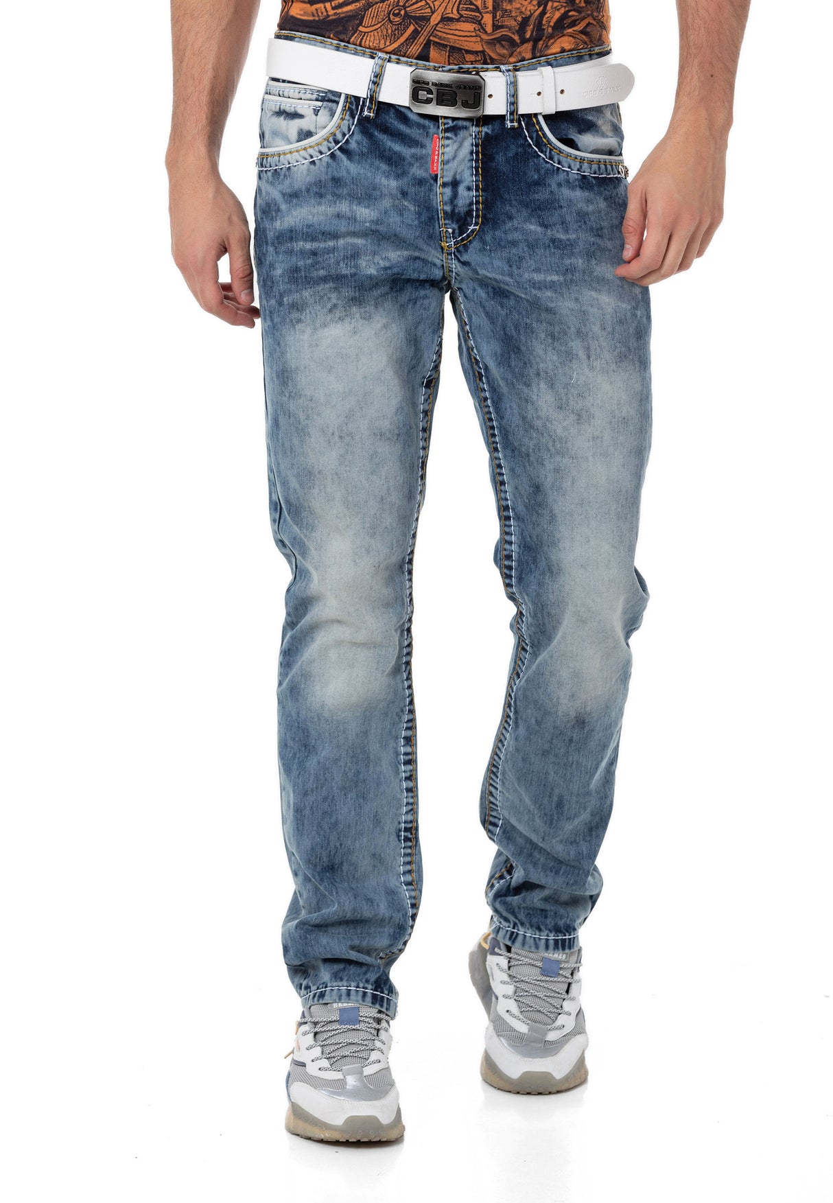 CD148 Herren bequeme Jeans mit Kontrastnähten in Straight Fit