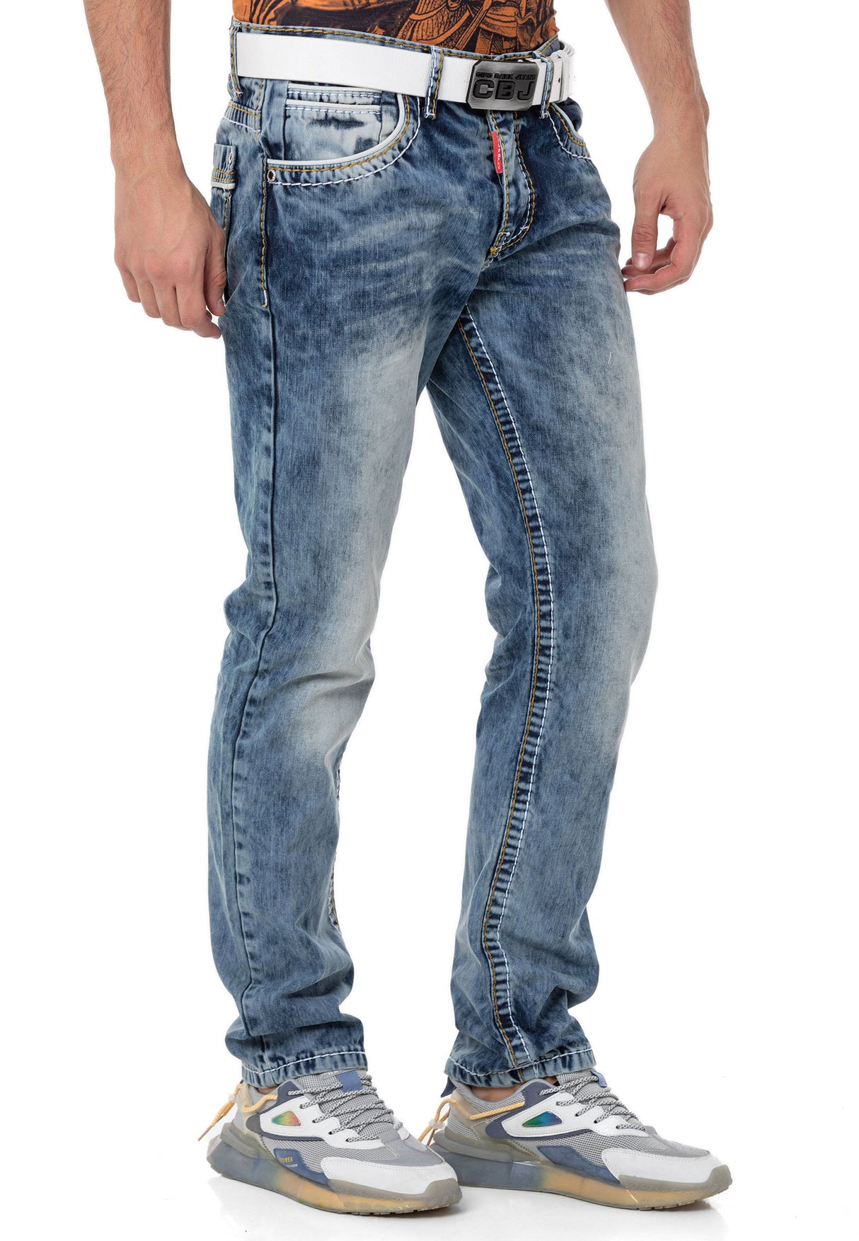 CD148 Herren bequeme Jeans mit Kontrastnähten in Straight Fit