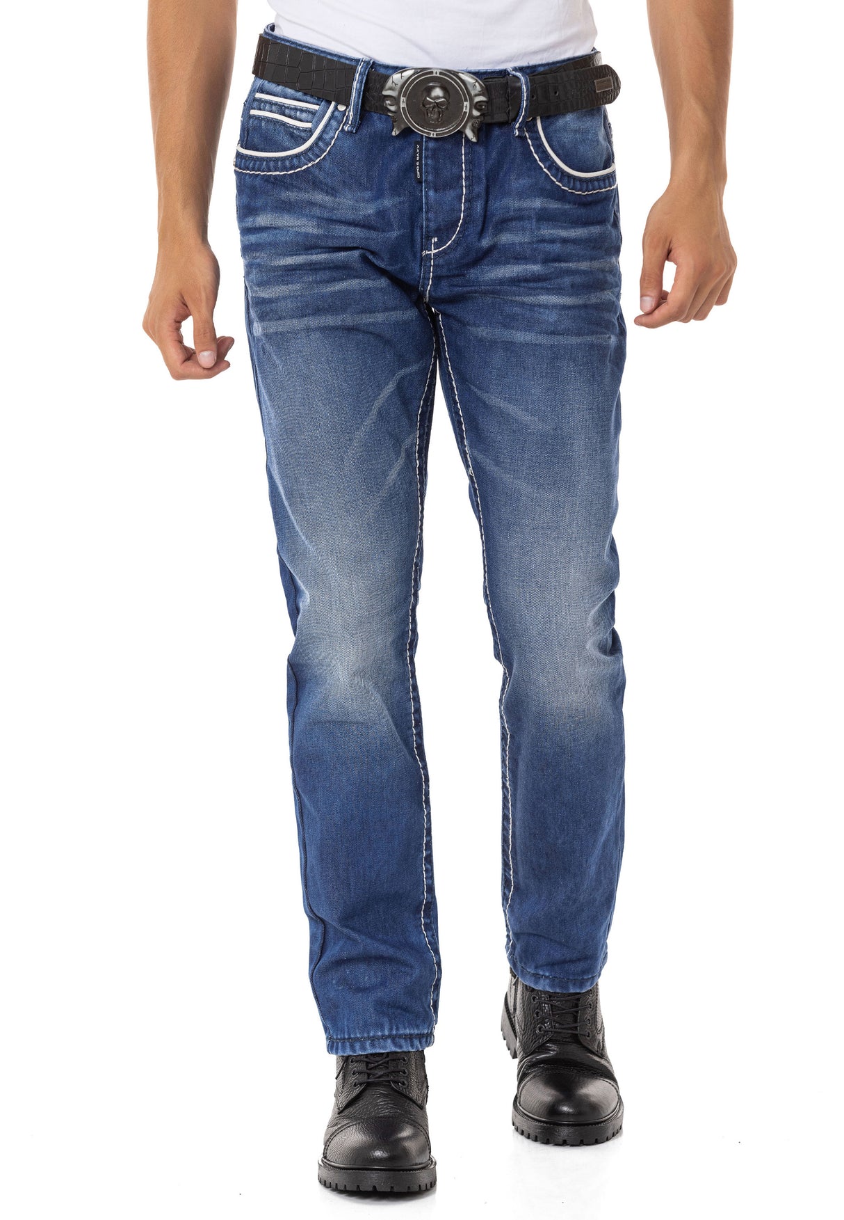 CD148 Herren bequeme Jeans mit Kontrastnähten in Straight Fit