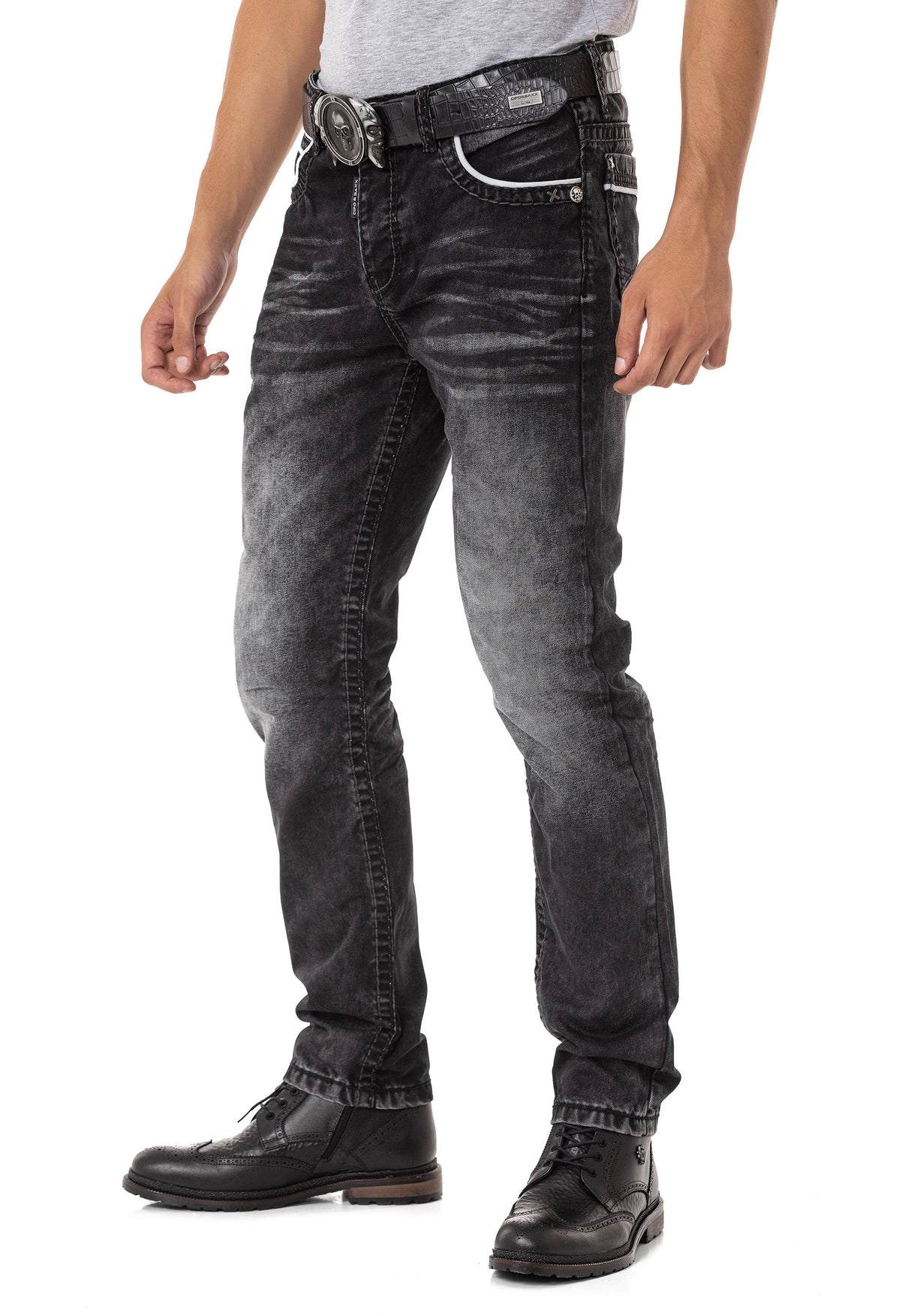 CD148 Herren bequeme Jeans mit Kontrastnähten in Straight Fit