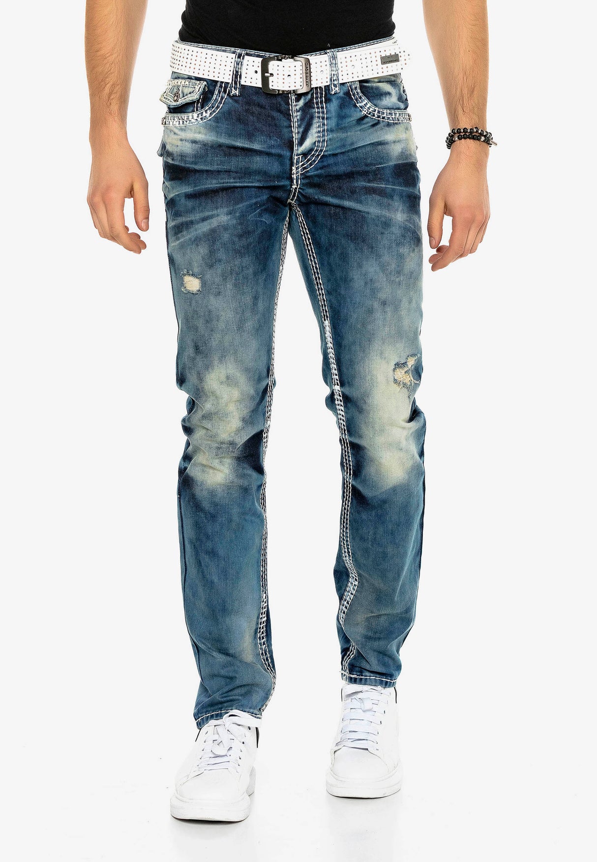 CD149 Herren bequeme Jeans im coolen Used-Look Straight Fit