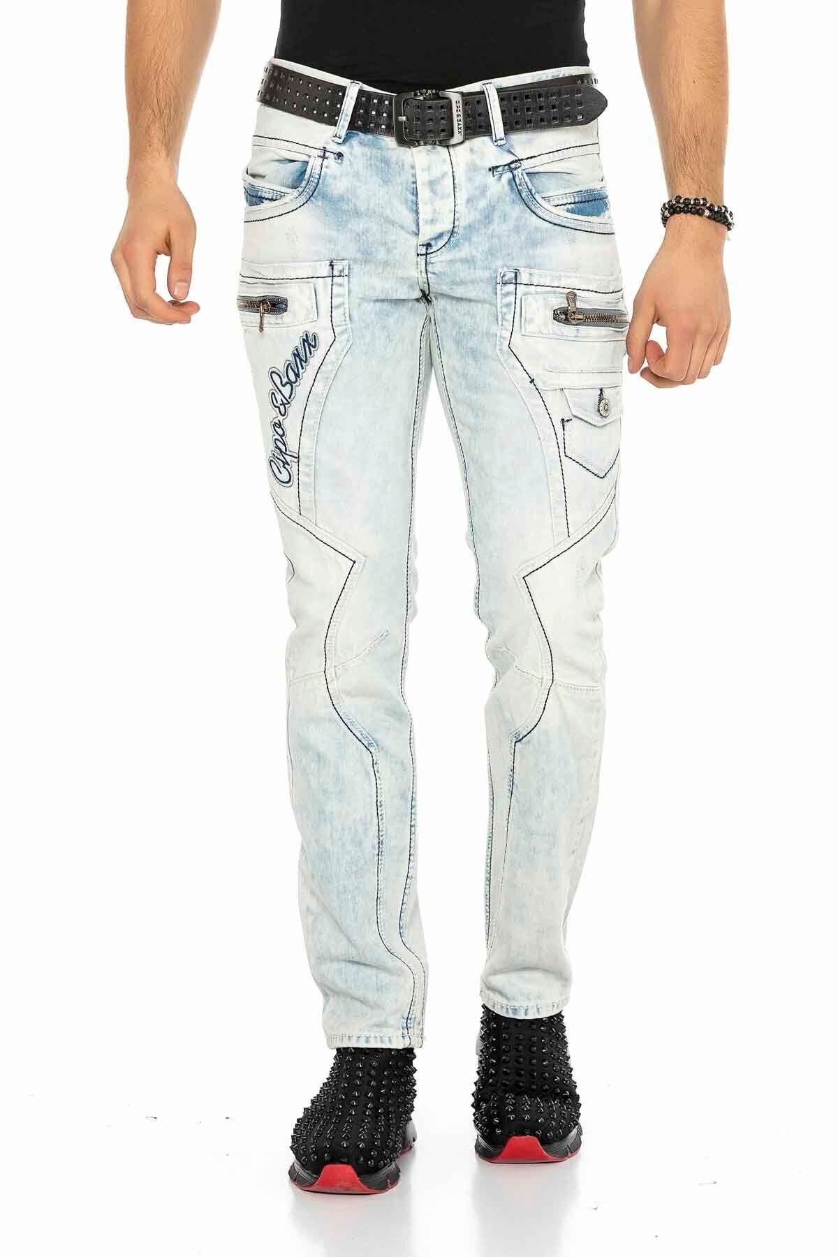 CD272 Herren bequeme Jeans mit bestickten Nähten in Straight Fit